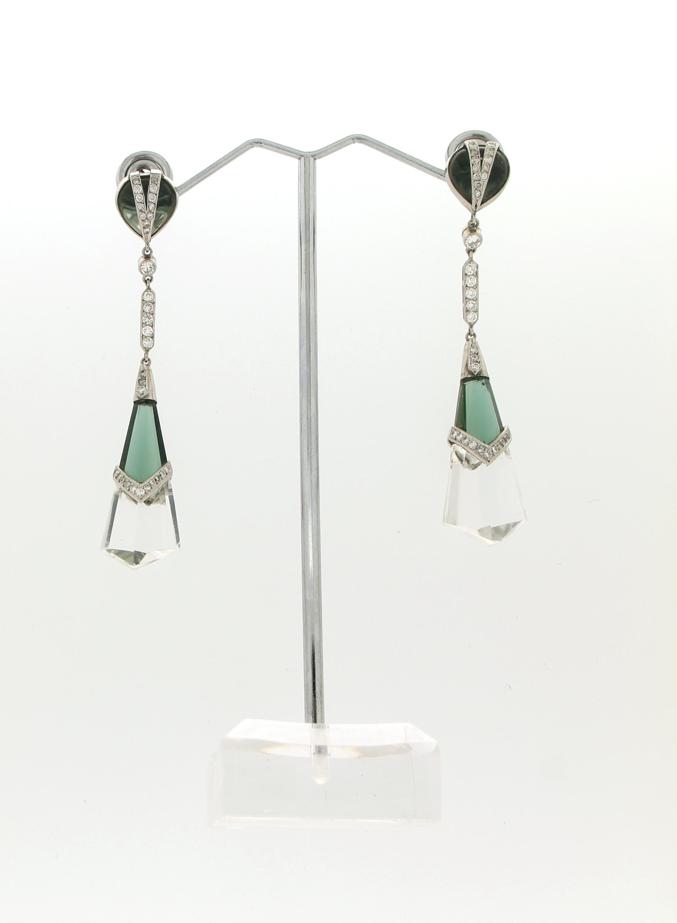 Brilliant Cut Handcraft Rock Crystal Platinum Peridot Diamonds Drop Earrings For Sale