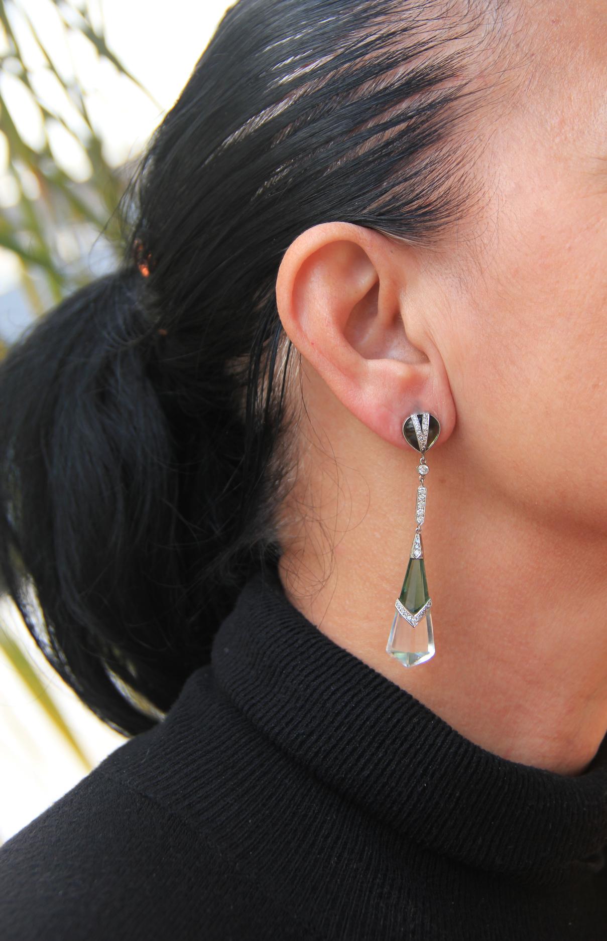 Handcraft Rock Crystal Platinum Peridot Diamonds Drop Earrings In New Condition For Sale In Marcianise, IT