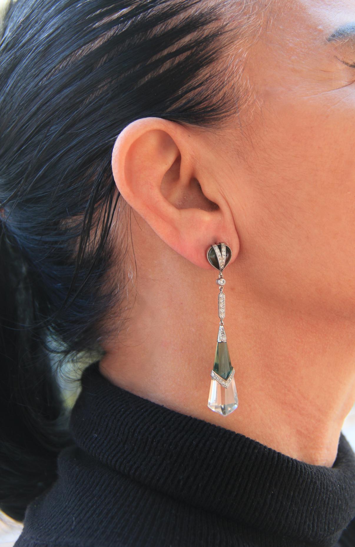 Women's or Men's Handcraft Rock Crystal Platinum Peridot Diamonds Drop Earrings