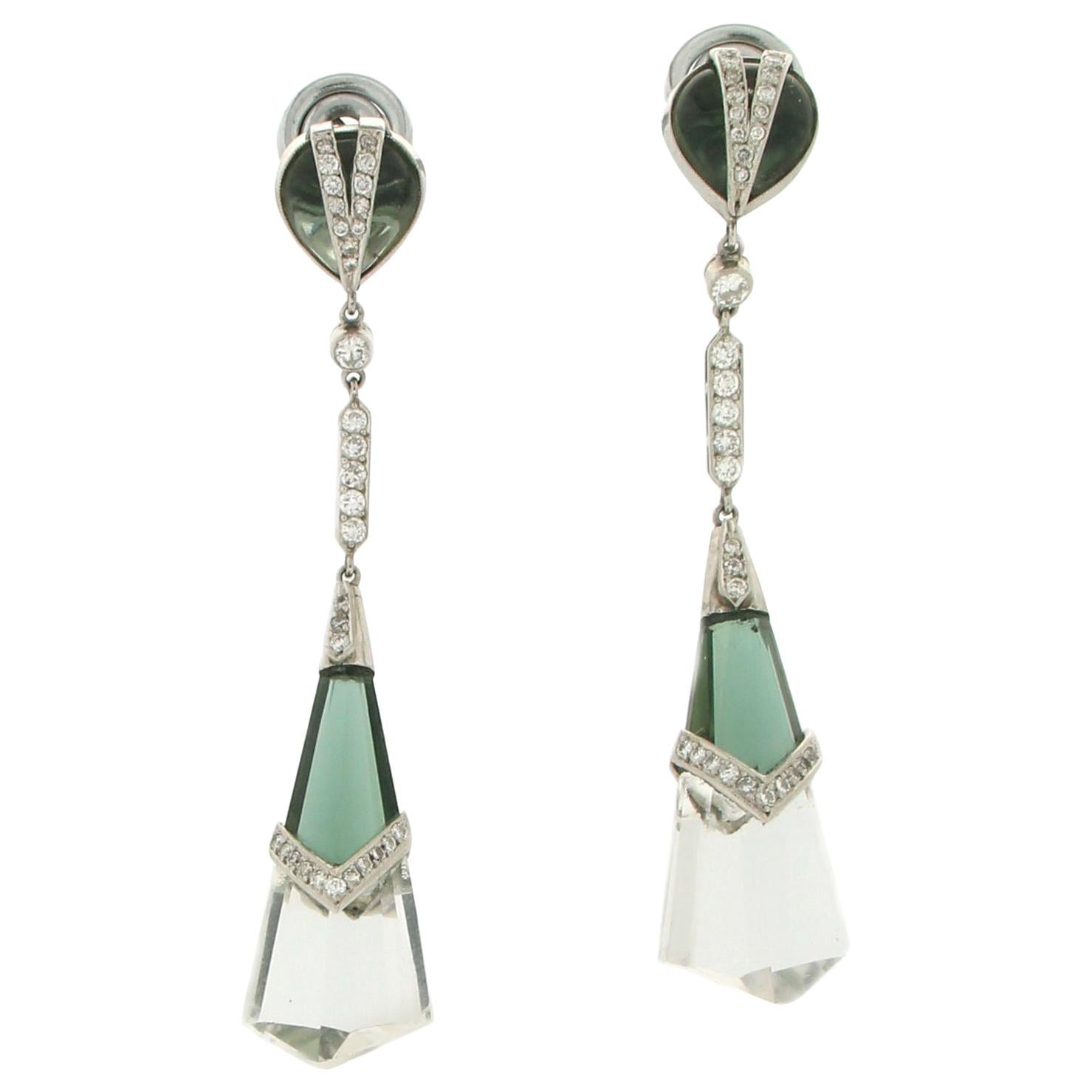 Handcraft Rock Crystal Platinum Peridot Diamonds Drop Earrings