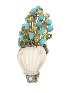 Handcraft Rock Crystal Vase 14 Karat Yellow Gold Diamonds Brooch Pendant