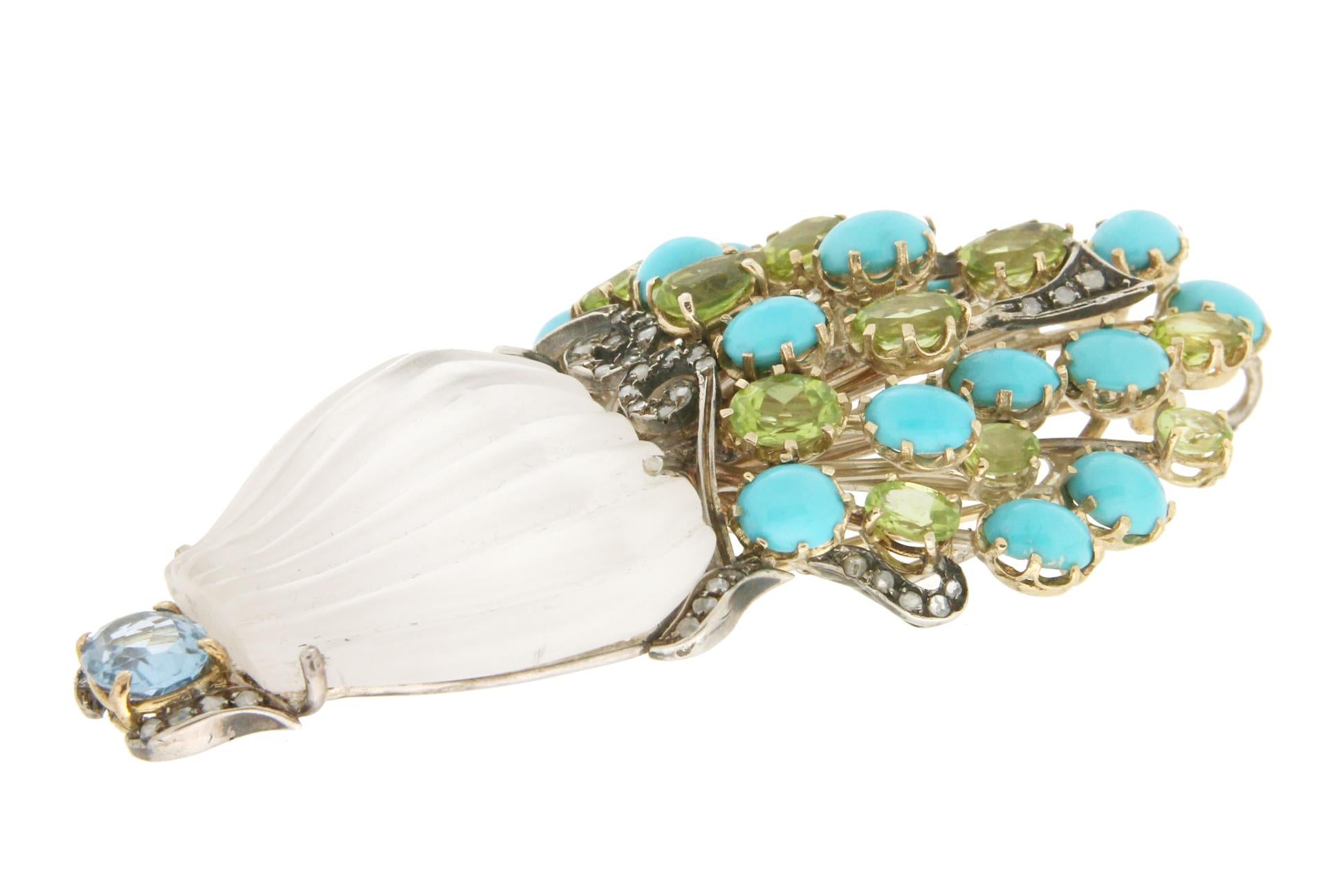 Colgante Broche Artesanal Jarrón de Cristal de Roca Oro Amarillo 14 Kilates Diamantes Artesano en venta
