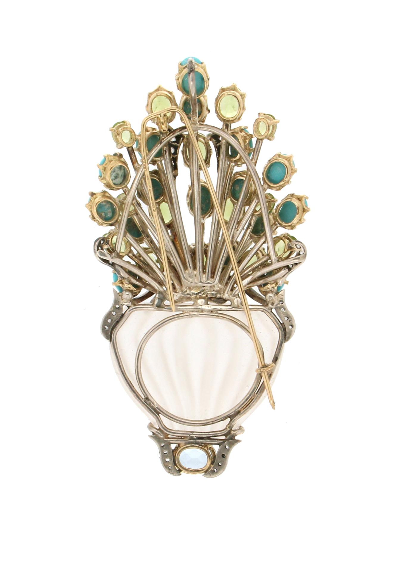 Oval Cut Handcraft Rock Crystal Vase 14 Karat Yellow Gold Diamonds Brooch Pendant For Sale