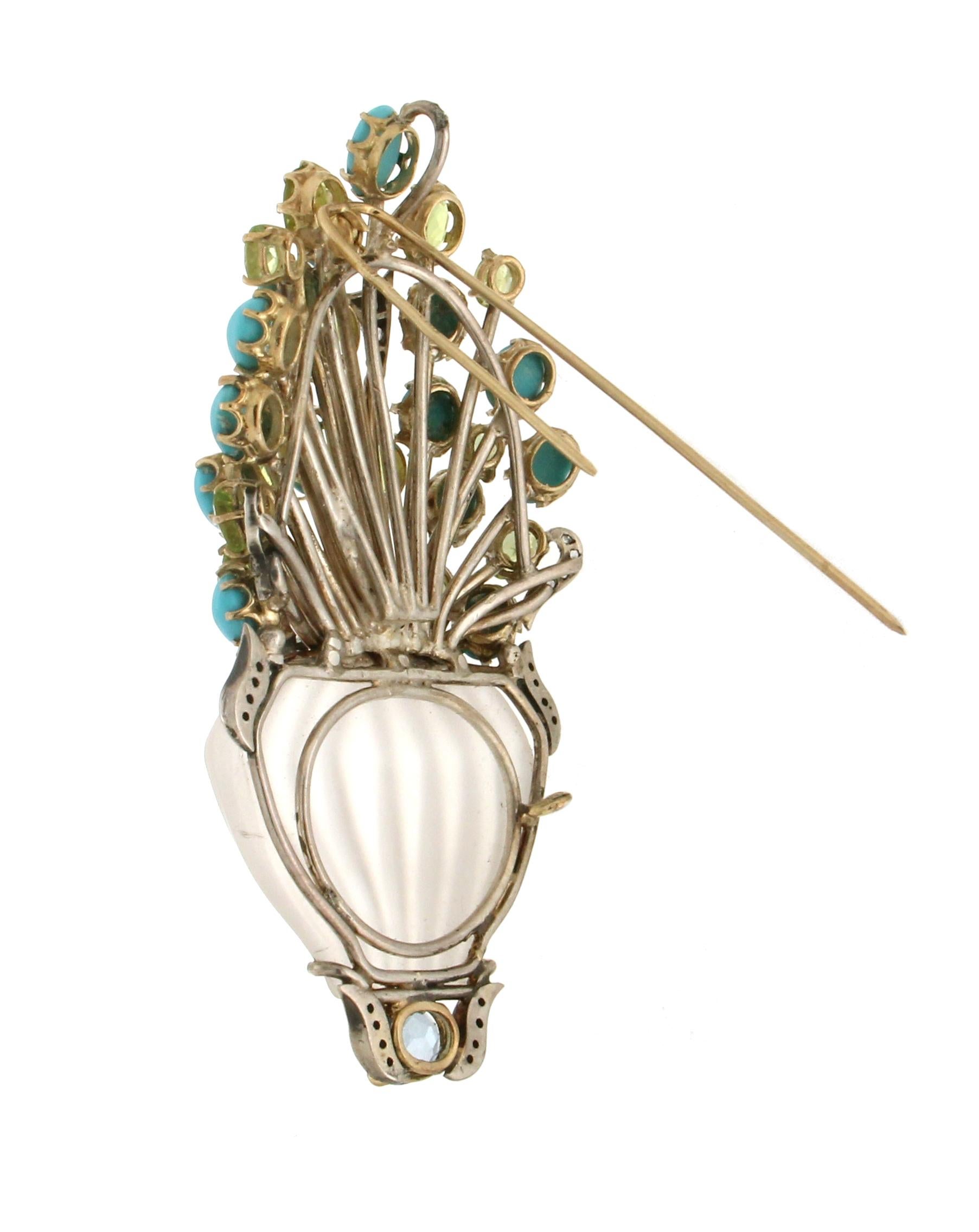 Handcraft Rock Crystal Vase 14 Karat Yellow Gold Diamonds Brooch Pendant In New Condition For Sale In Marcianise, IT