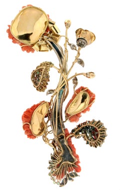 Handcraft Rose 14 Karat Yellow Gold Coral Diamonds Brooch