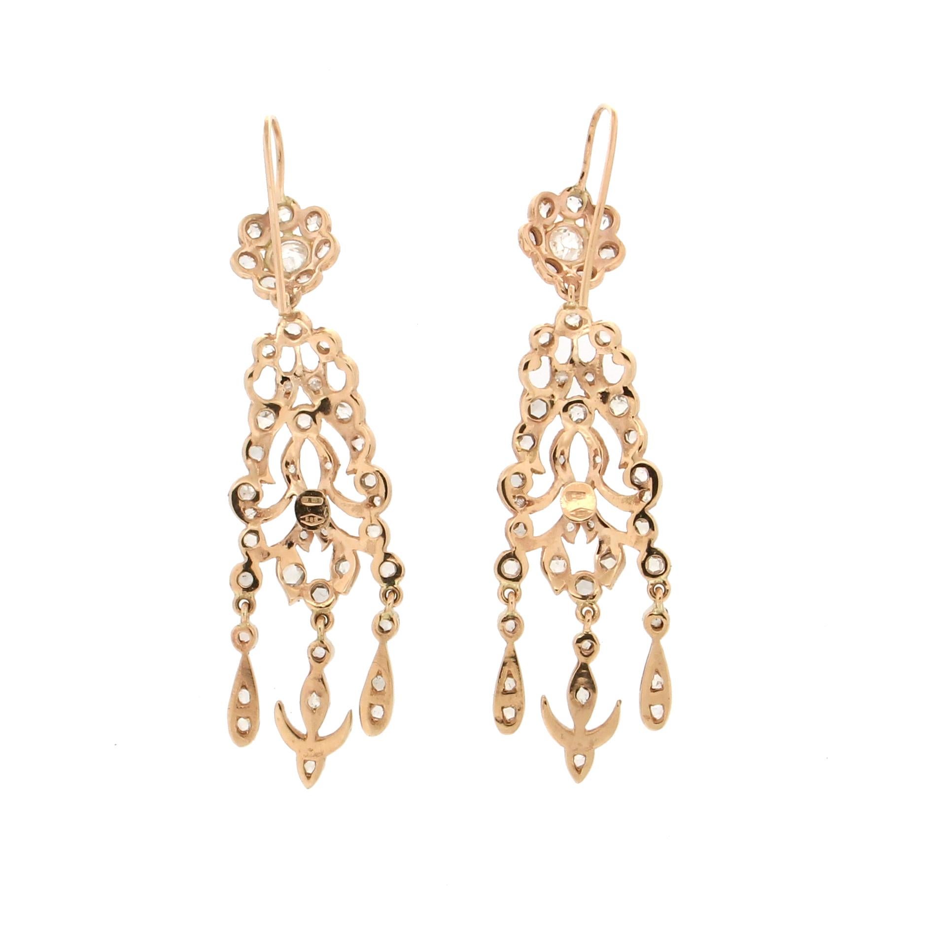 Artisan Handcraft Rose Cut Diamonds 14 Karat Yellow Gold Drop Earrings For Sale