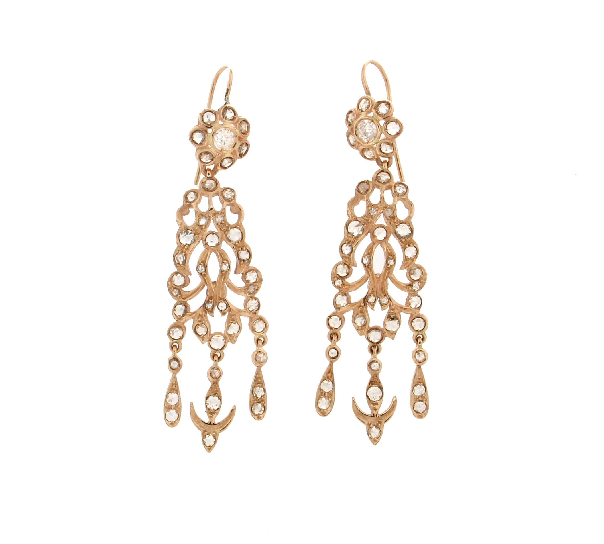 Women's Handcraft Rose Cut Diamonds 14 Karat Yellow Gold Drop Earrings For Sale
