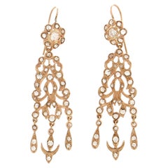 Vintage Handcraft Rose Cut Diamonds 14 Karat Yellow Gold Drop Earrings