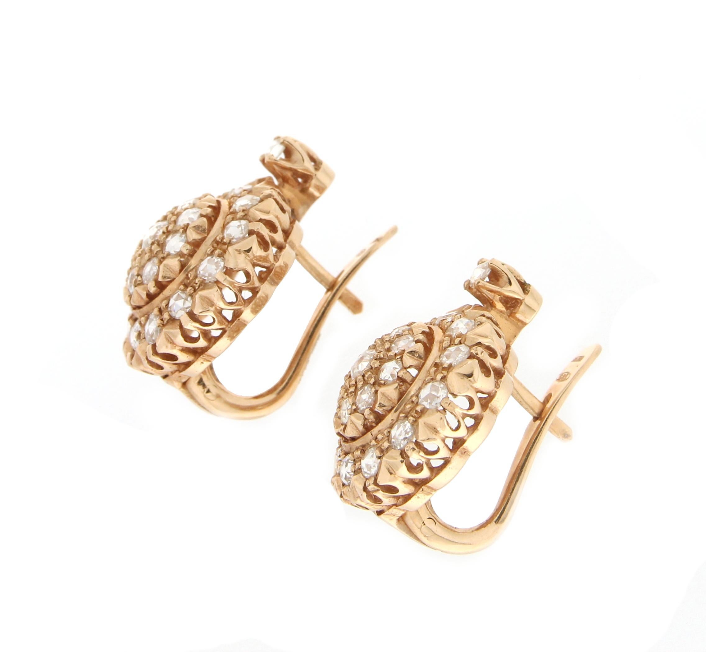 Artisan Handcraft Rose Cut Diamonds 14 Karat Yellow Gold Stud Earrings For Sale