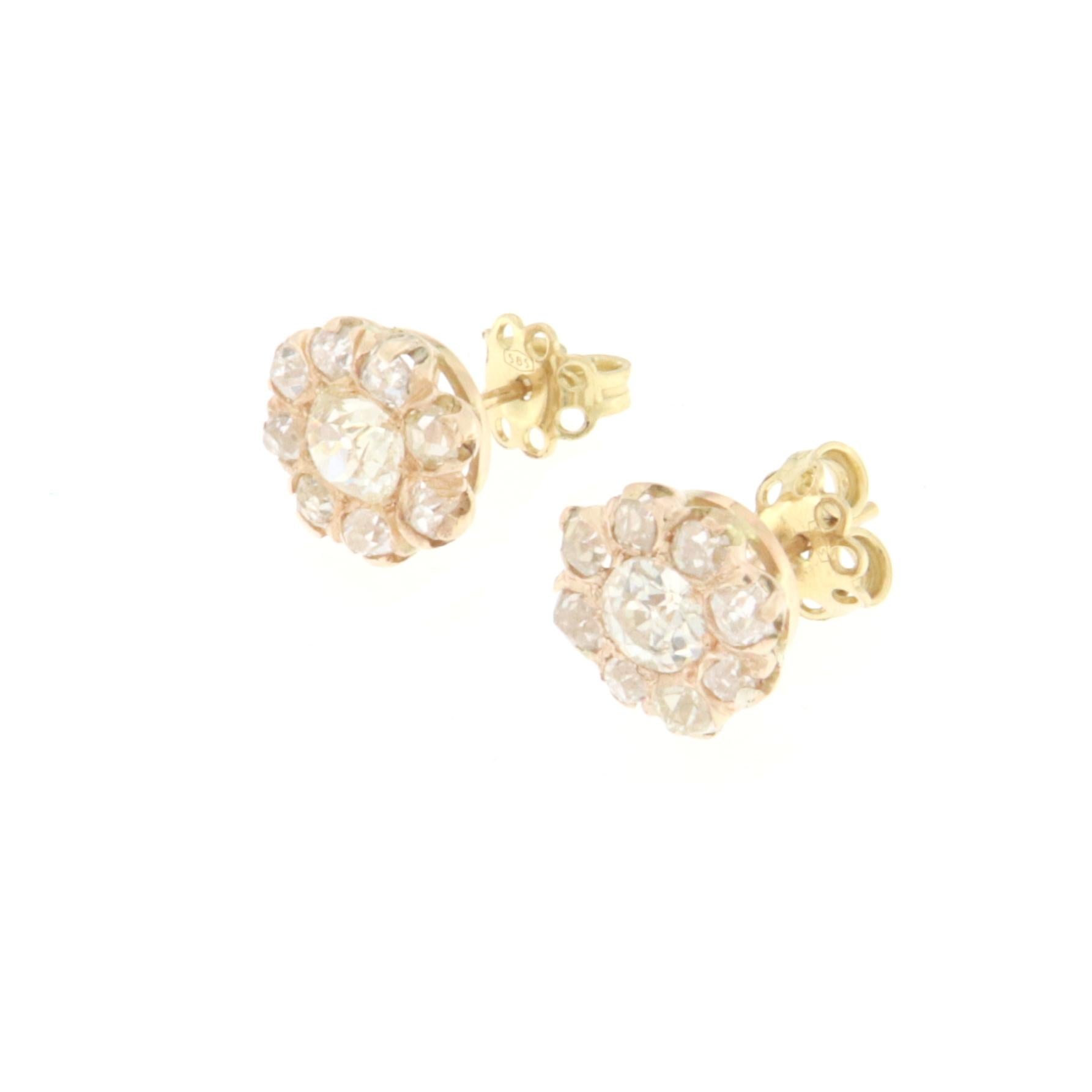 Artisan Handcraft Rose Cut Diamonds 14 Karat Yellow Gold Stud Earrings For Sale