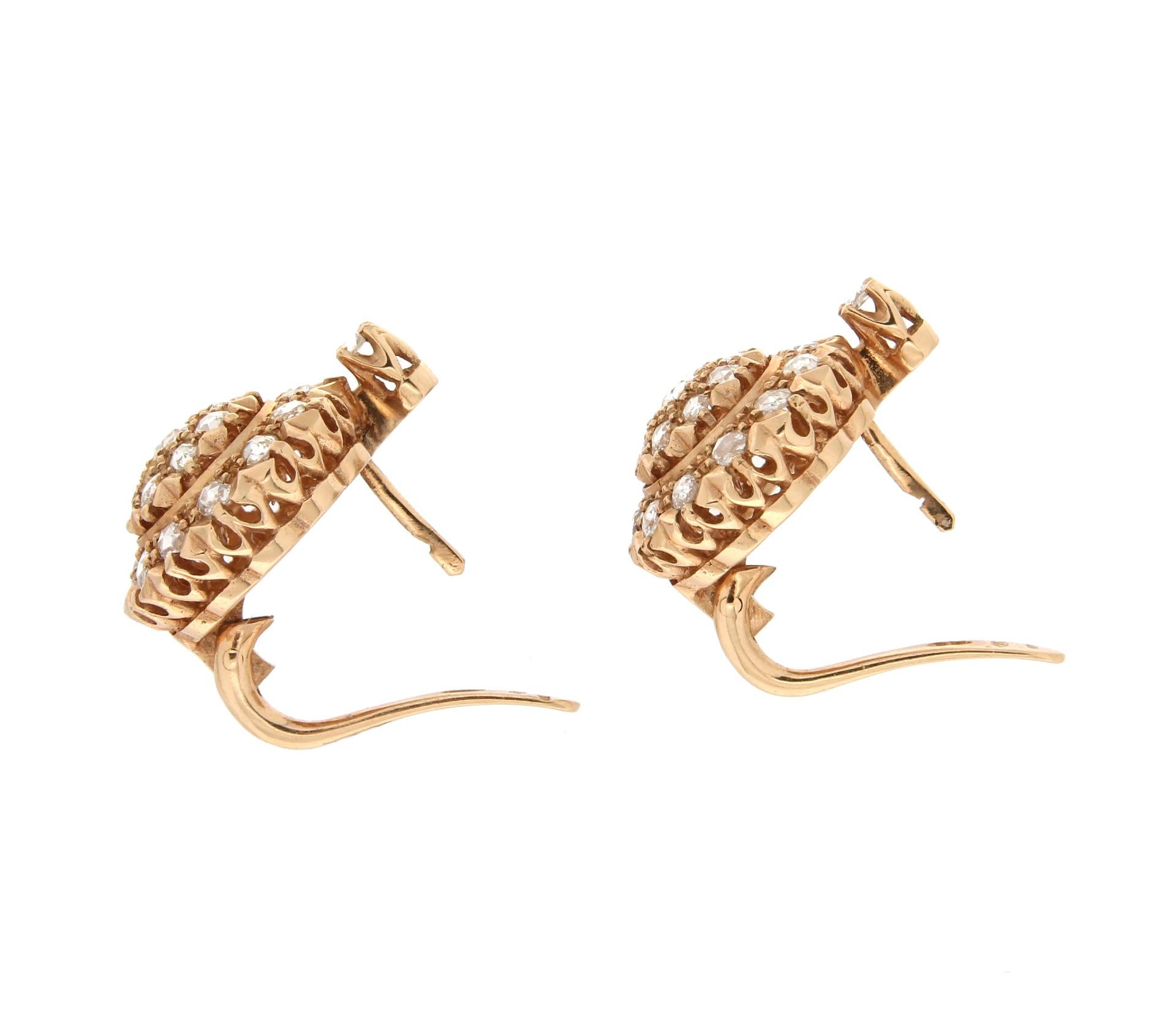 Women's or Men's Handcraft Rose Cut Diamonds 14 Karat Yellow Gold Stud Earrings For Sale