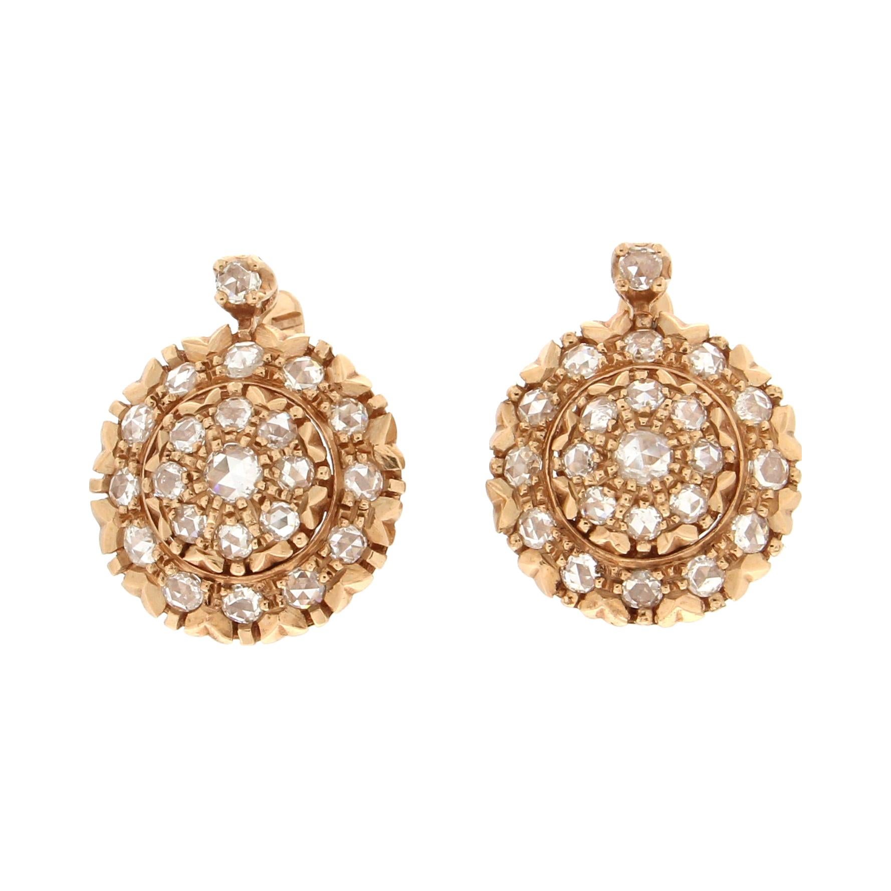 Handcraft Rose Cut Diamonds 14 Karat Yellow Gold Stud Earrings For Sale