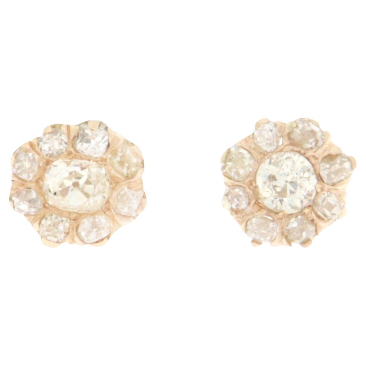 Boucles d'oreilles en or jaune 14 carats avec diamants taillés en rose Handcraft