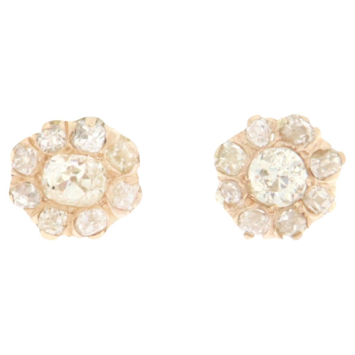 Handcraft Rose Cut Diamonds 14 Karat Yellow Gold Stud Earrings For Sale