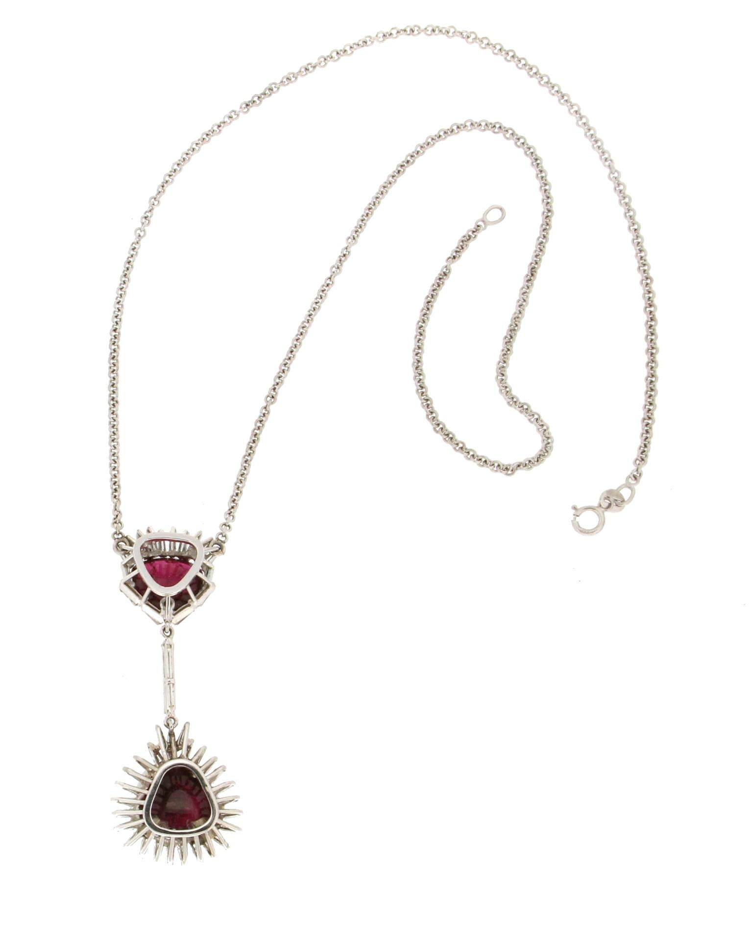 Handcraft Rubelite 18 Karat White Gold Diamonds Pendant Necklace In New Condition For Sale In Marcianise, IT