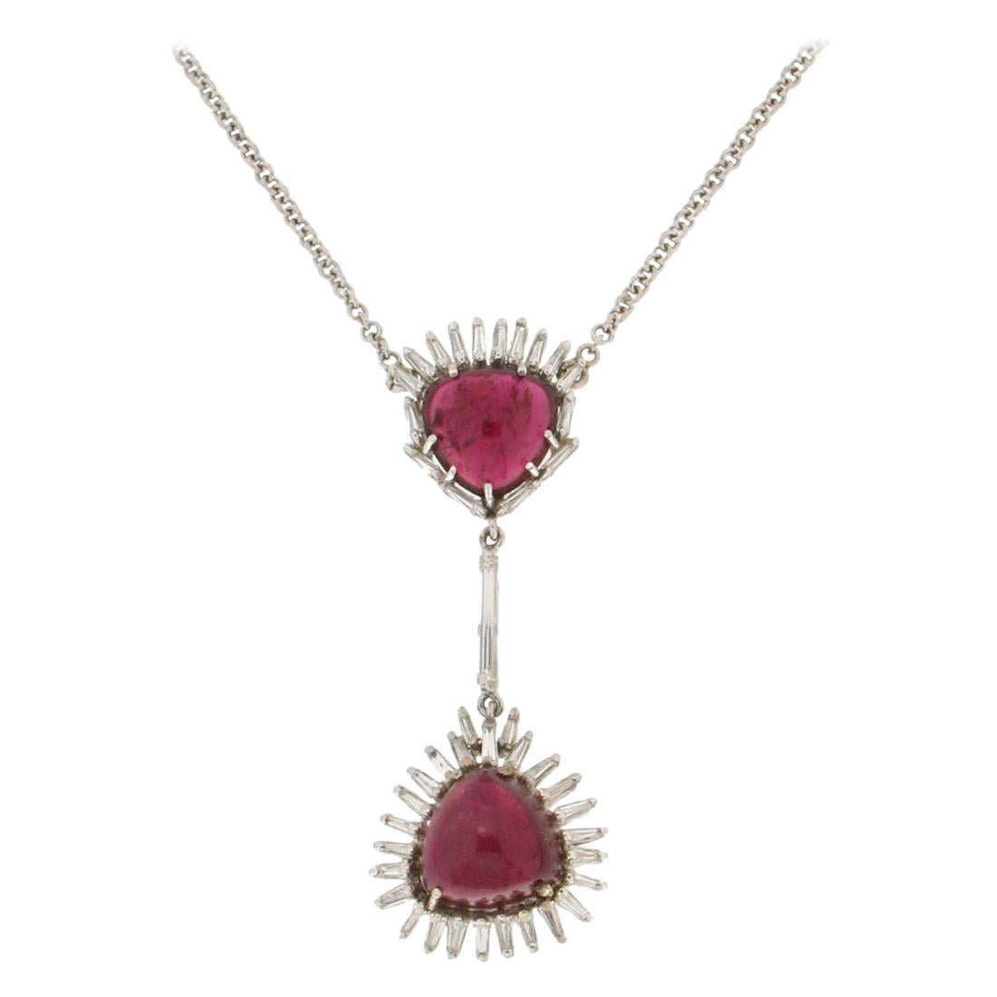 Handcraft Rubelite 18 Karat White Gold Diamonds Pendant Necklace For Sale