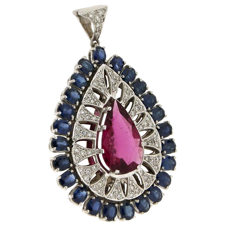 Collier En Or Blanc 18 Carats Avec Diamants Et Saphirs - Bijou Ancien De Qualité Française