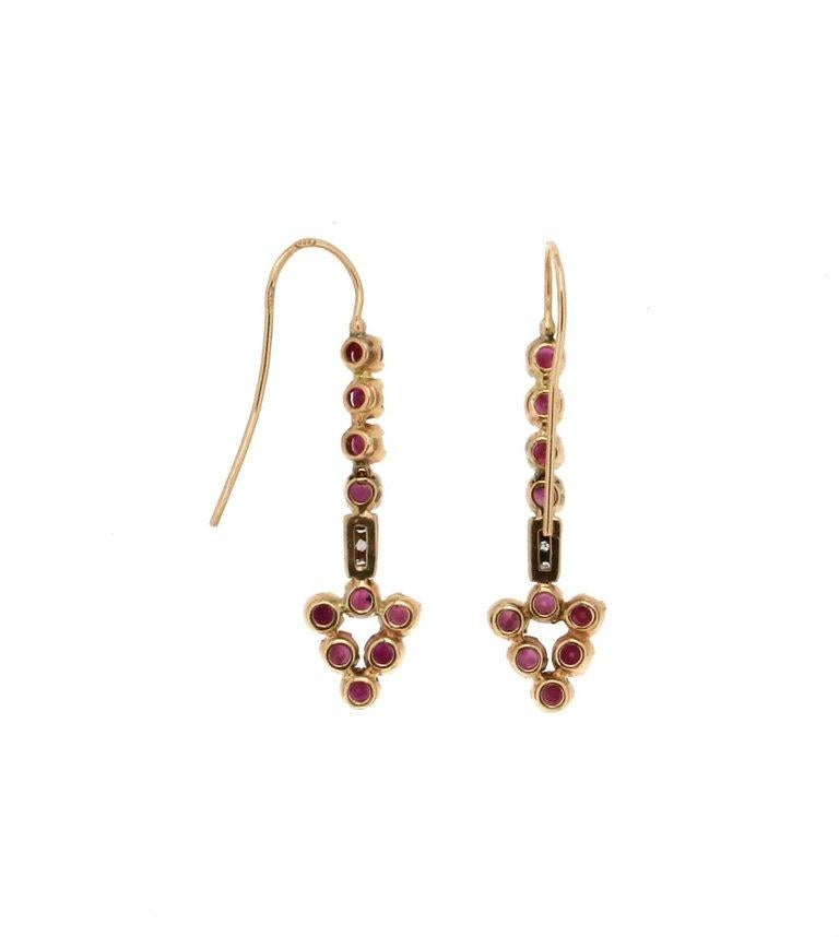 Pendientes artesanales de oro amarillo de 14 quilates con rubíes y diamantes de plata Artesano en venta