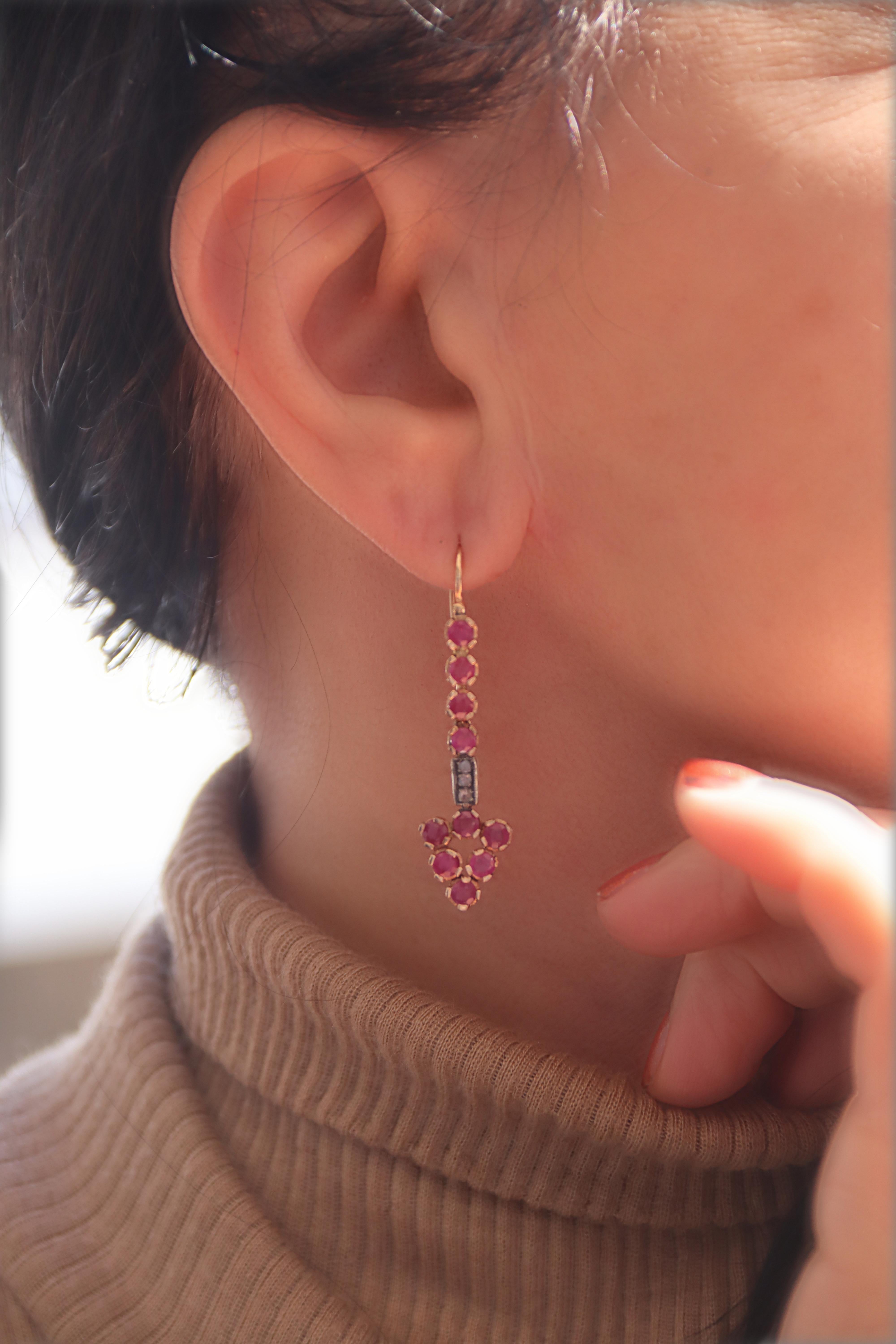 De las mujeres Pendientes artesanales de oro amarillo de 14 quilates con rubíes y diamantes de plata en venta