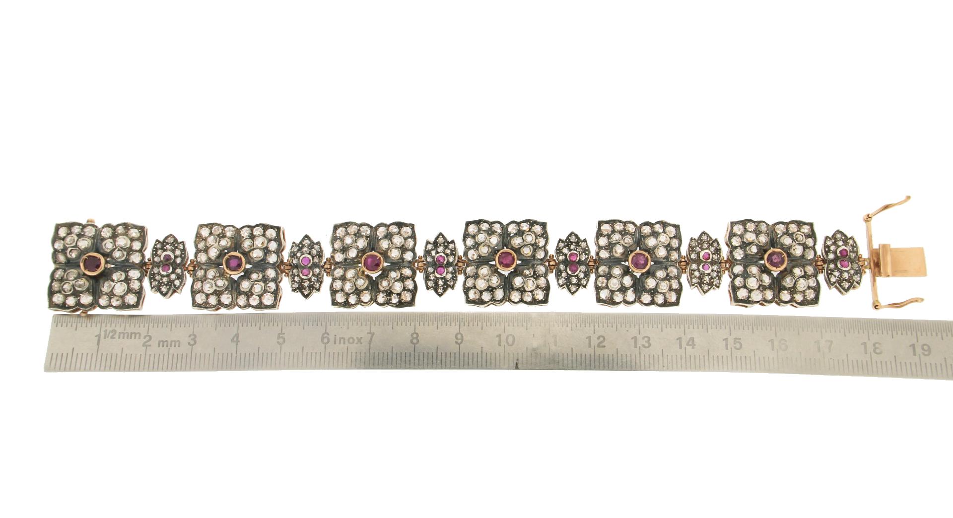 Rose Cut Handcraft Rubies 14 Karat Yellow Gold Diamonds Cuff Bracelet For Sale
