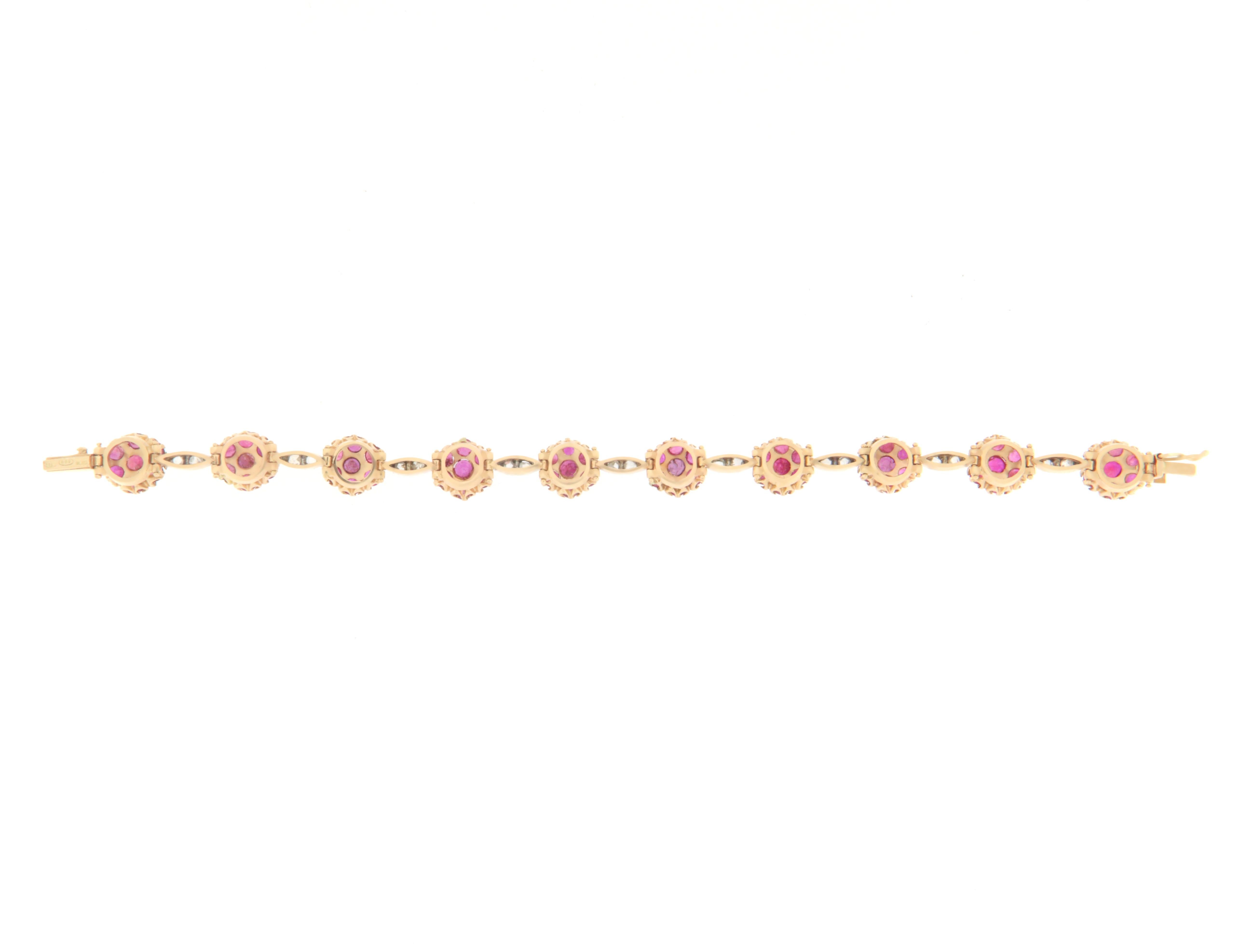 Artisan Handcraft Rubies 14 Karat Yellow Gold Diamonds Cuff Bracelet For Sale