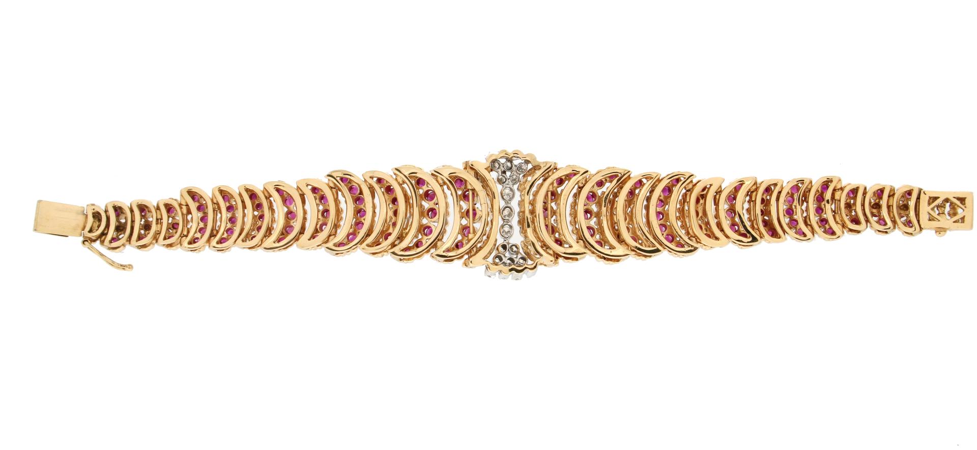 Women's Handcraft Rubies 14 Karat Yellow Gold Diamonds Cuff Bracelet For Sale