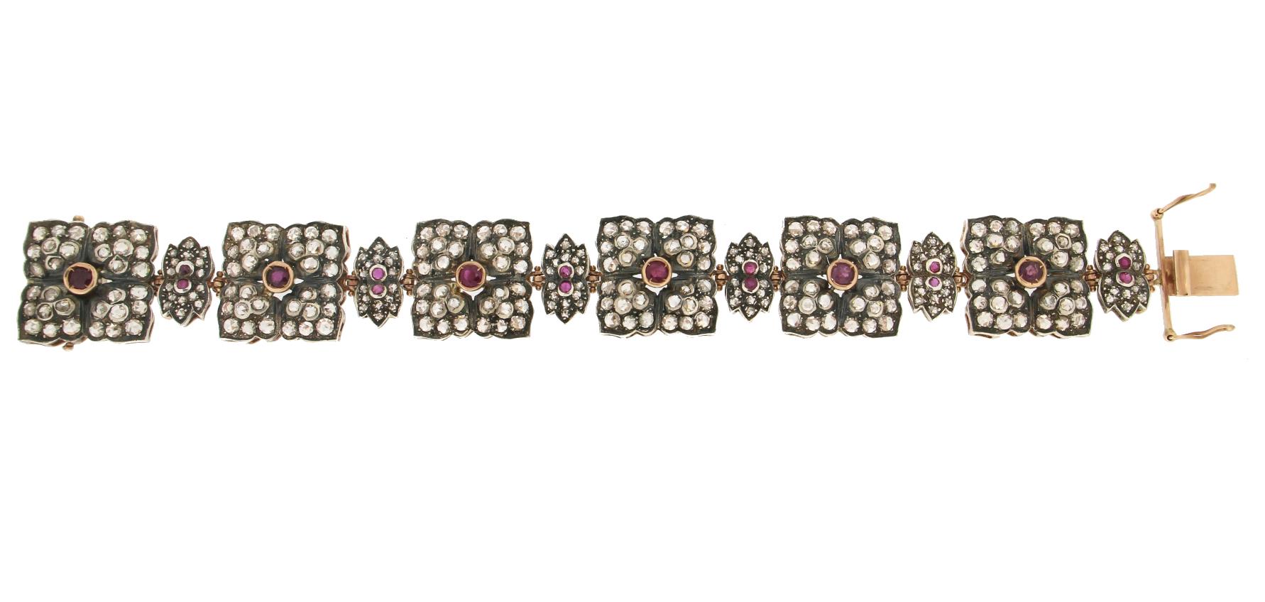 Women's Handcraft Rubies 14 Karat Yellow Gold Diamonds Cuff Bracelet For Sale