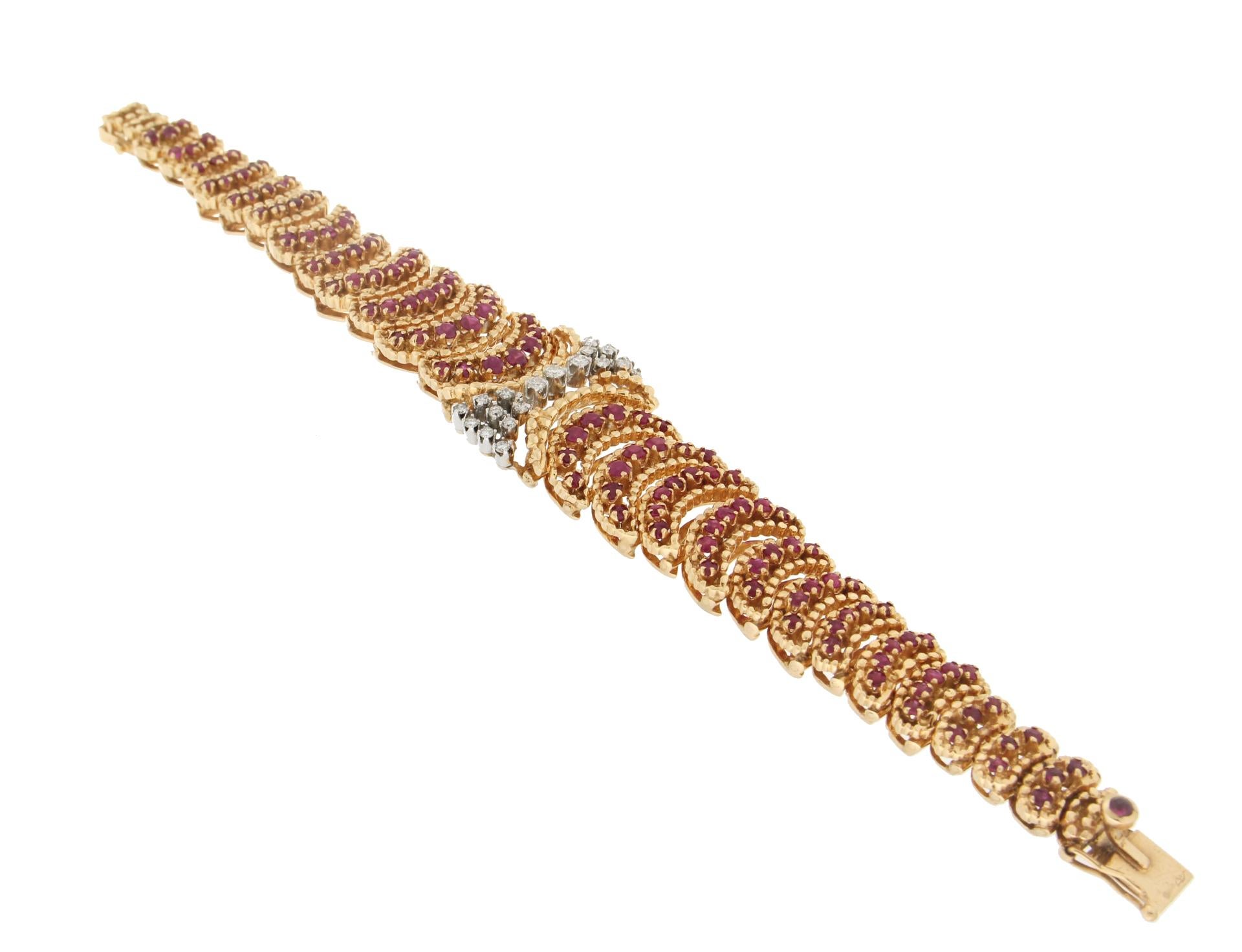 Handcraft Rubies 14 Karat Yellow Gold Diamonds Cuff Bracelet For Sale 1