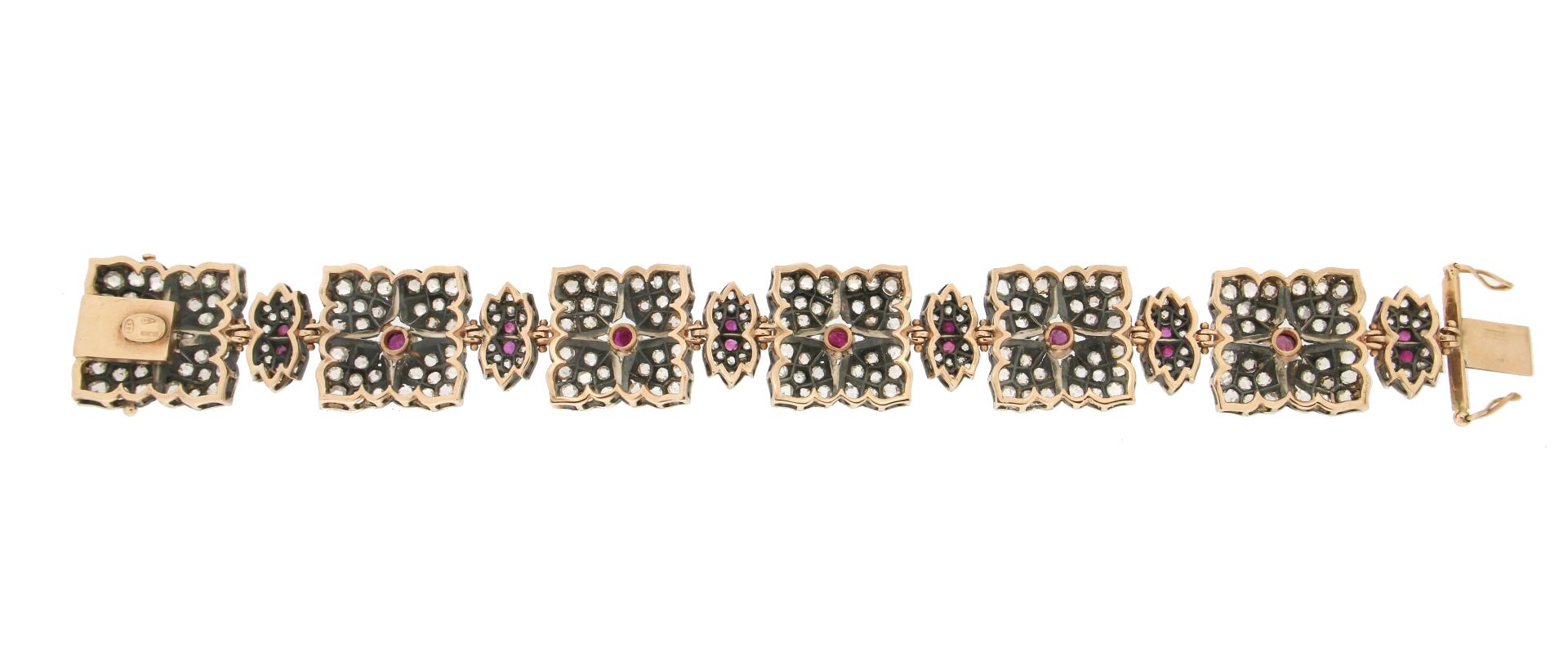 Handcraft Rubies 14 Karat Yellow Gold Diamonds Cuff Bracelet For Sale 1