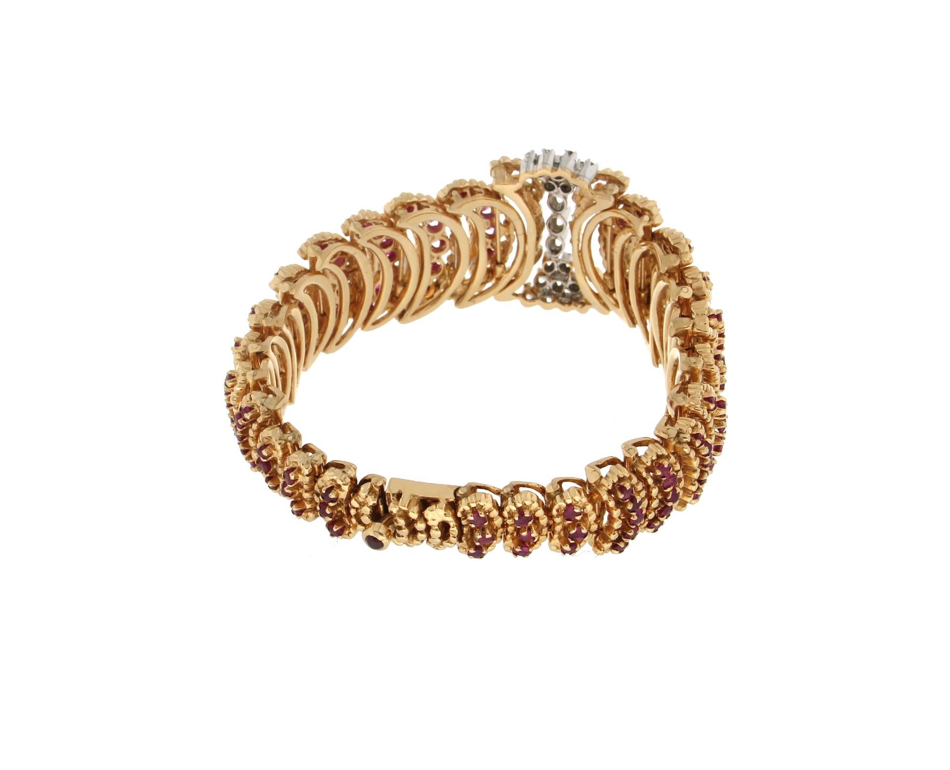 Handcraft Rubies 14 Karat Yellow Gold Diamonds Cuff Bracelet For Sale 2