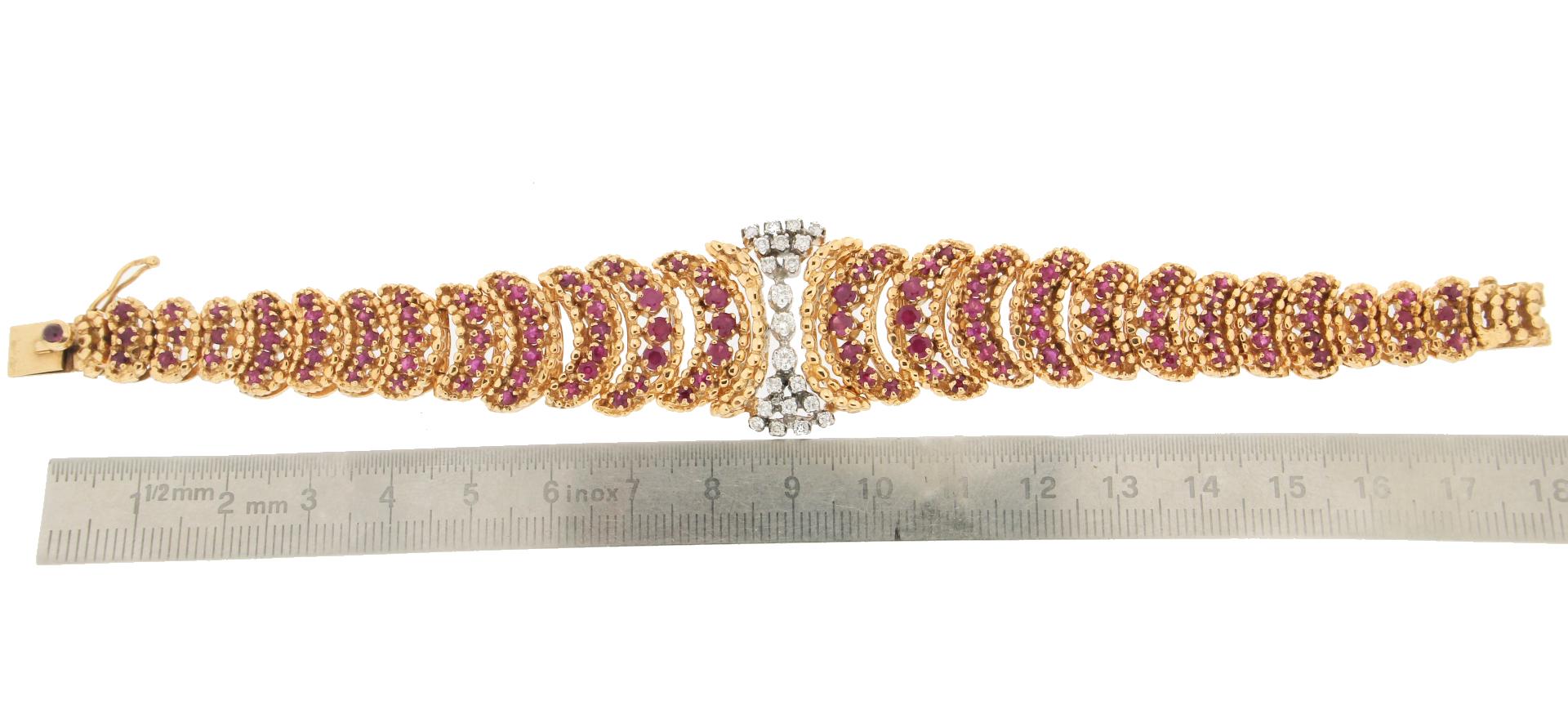 Handcraft Rubies 14 Karat Yellow Gold Diamonds Cuff Bracelet For Sale 3