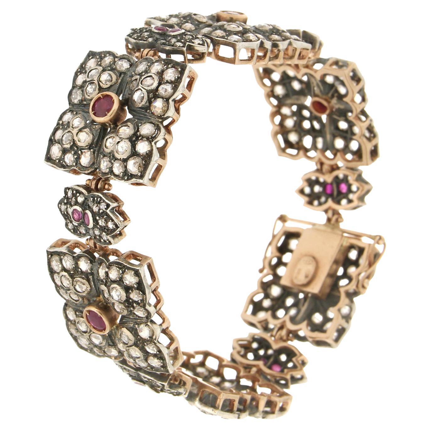 Bracelet manchette artisanal en or jaune 14 carats avec rubis et diamants
