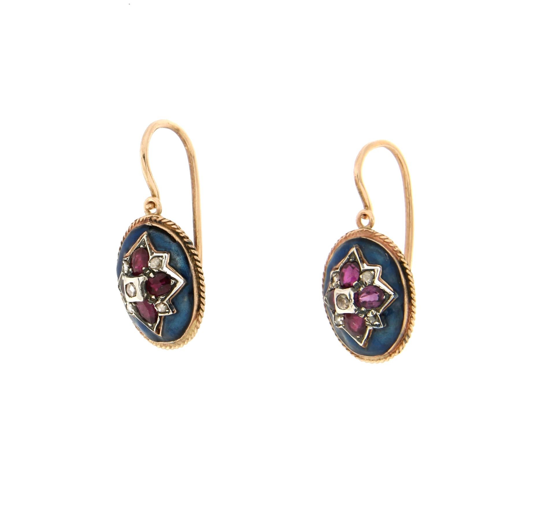 Artisan Handcraft Rubies 14 Karat Yellow Gold Diamonds Dangle Earrings For Sale