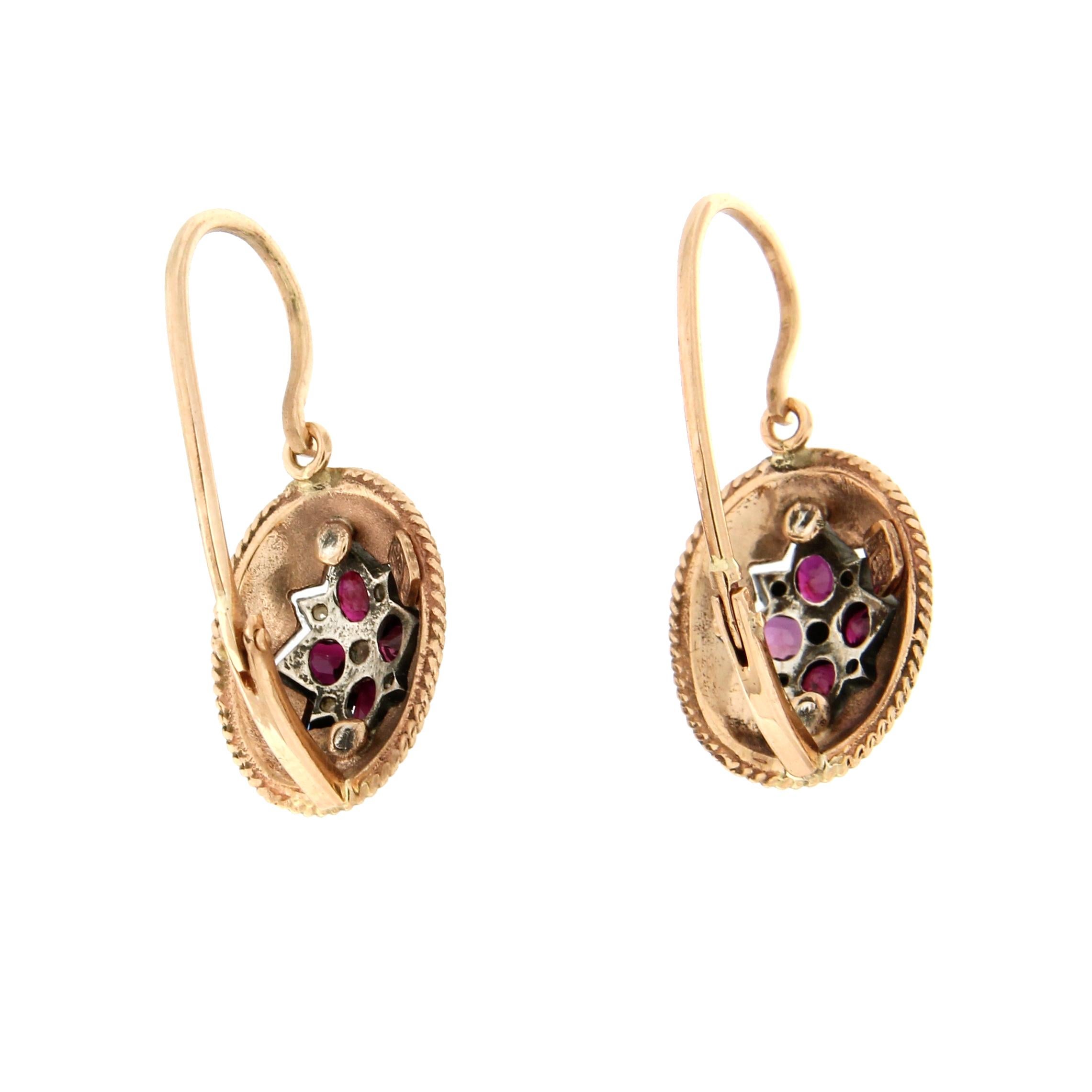 Women's Handcraft Rubies 14 Karat Yellow Gold Diamonds Dangle Earrings For Sale