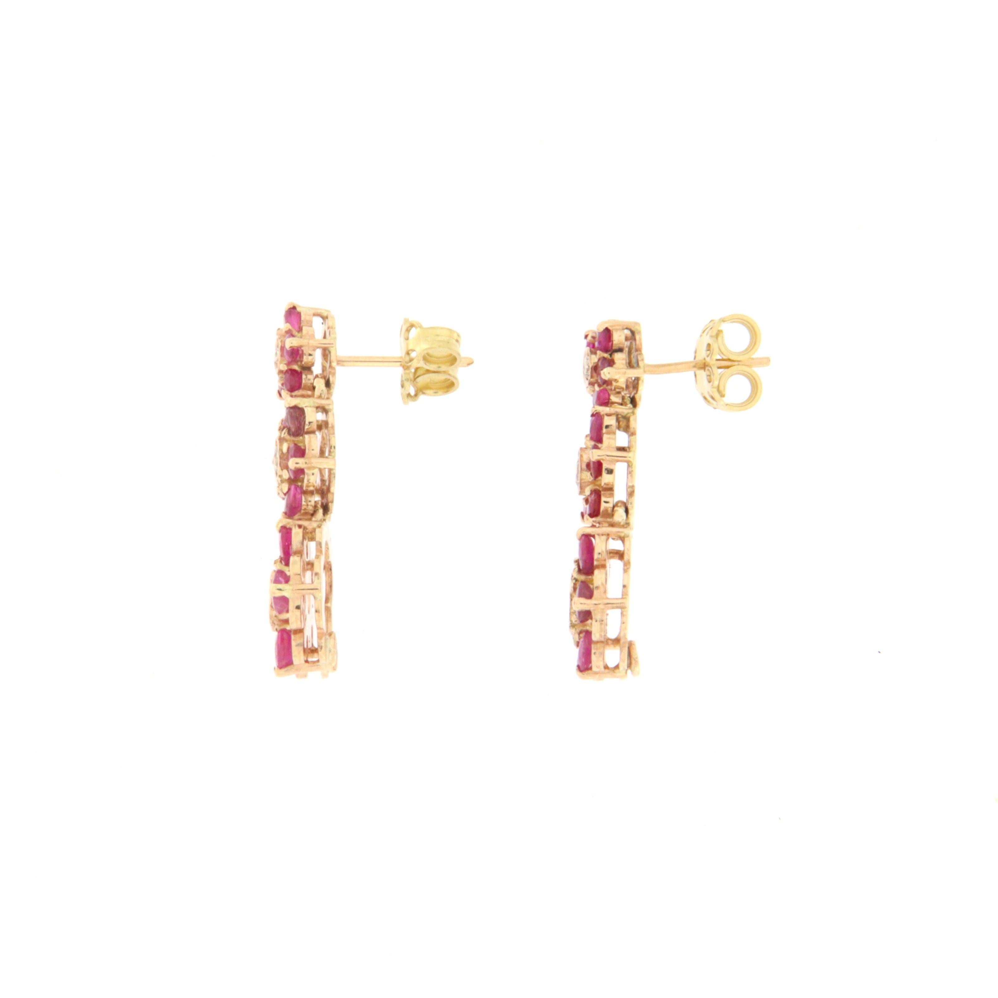 Rose Cut Handcraft Rubies 14 Karat Yellow Gold Diamonds Drop Earrings For Sale