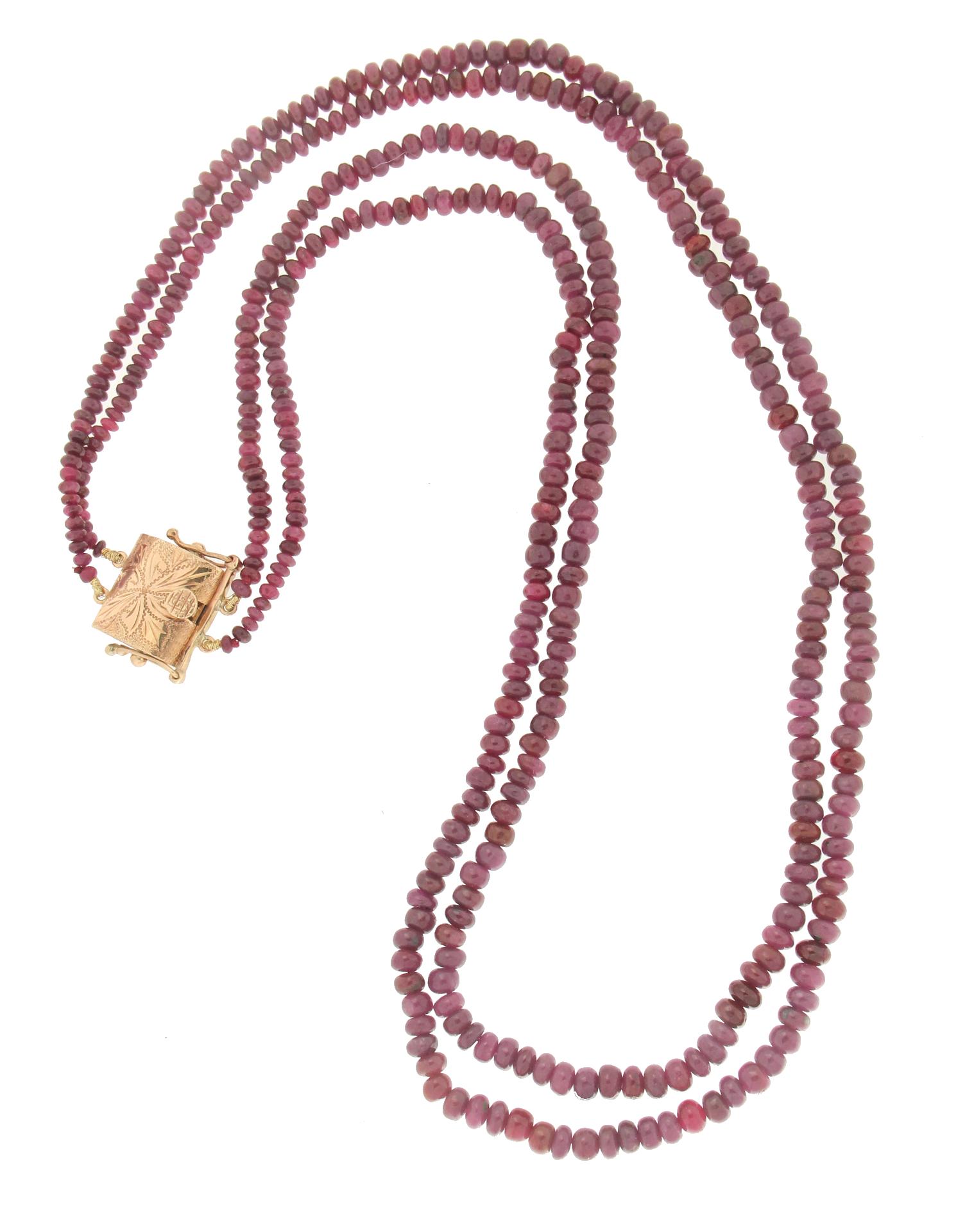 Artisan Handcraft Rubies 14 Karat Yellow Gold Rope Necklace For Sale