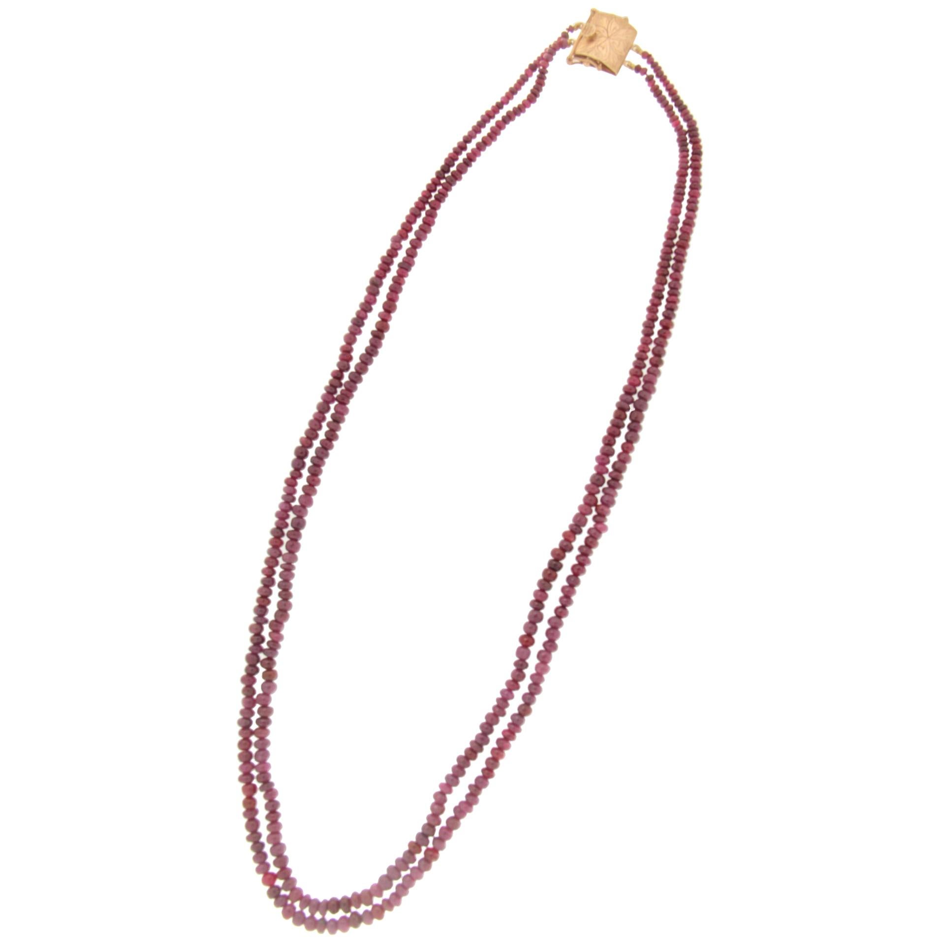 Handcraft Rubies 14 Karat Yellow Gold Rope Necklace For Sale