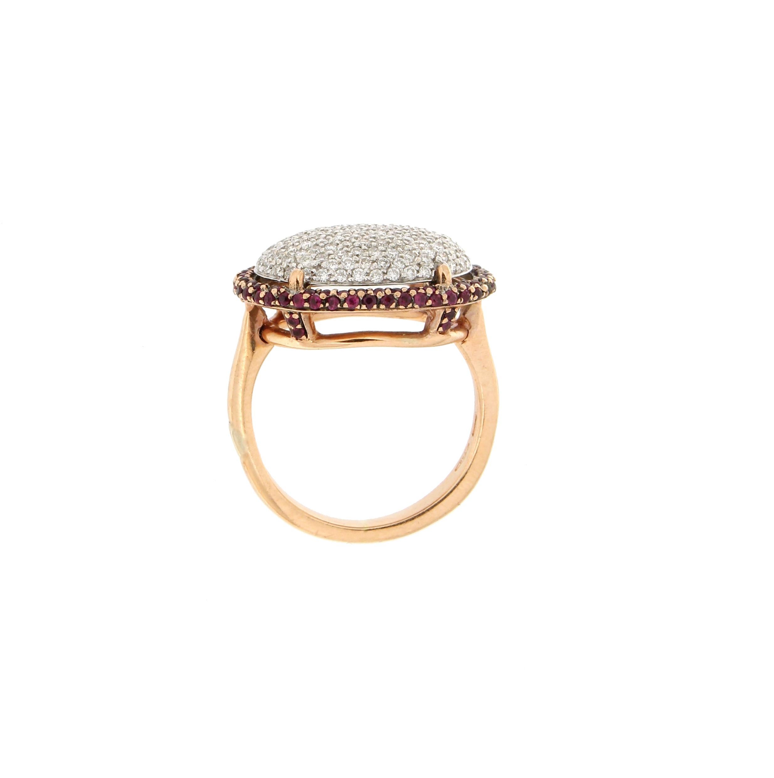 Brilliant Cut Handcraft Rubies 18 Karat White and Yellow Gold Diamonds Cocktail Ring For Sale