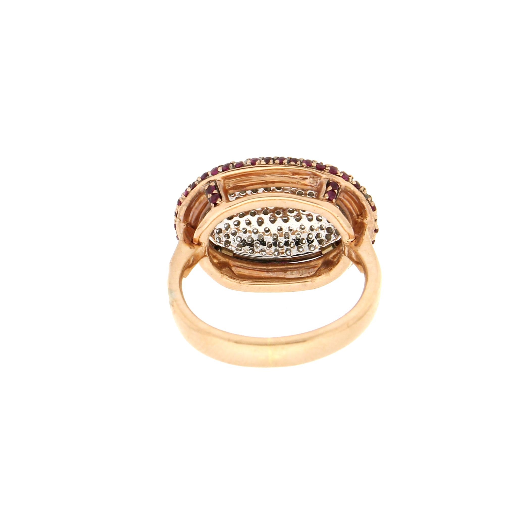 Handcraft Rubies 18 Karat White and Yellow Gold Diamonds Cocktail Ring In New Condition For Sale In Marcianise, IT