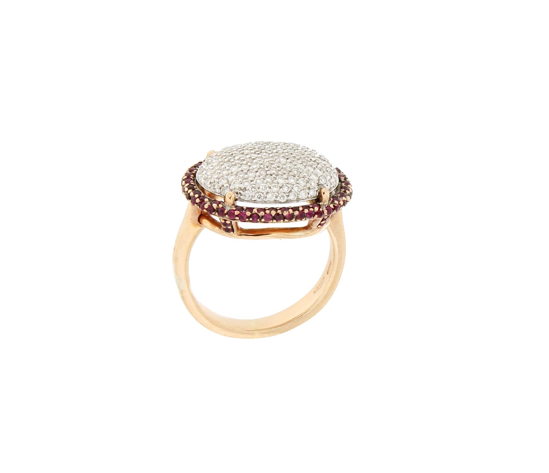 Women's Handcraft Rubies 18 Karat White and Yellow Gold Diamonds Cocktail Ring For Sale