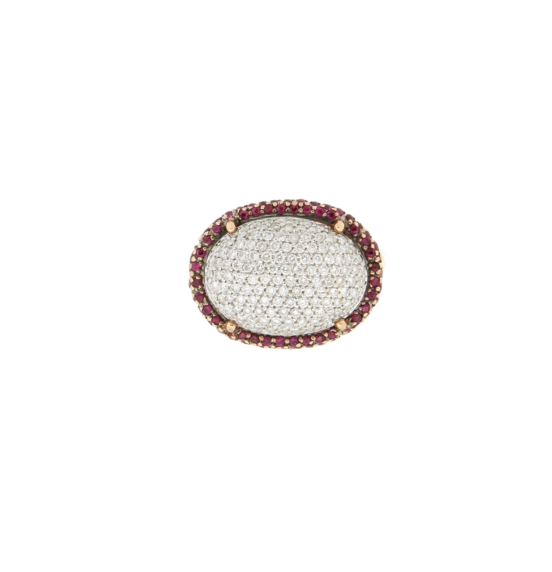 Handcraft Rubies 18 Karat White and Yellow Gold Diamonds Cocktail Ring For Sale 1