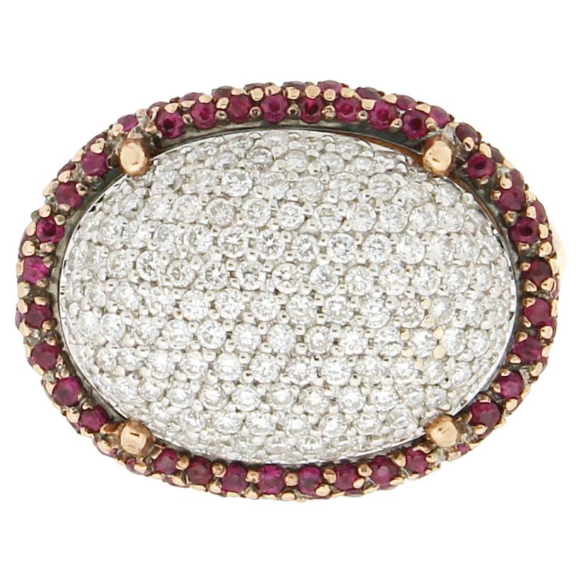 Handcraft Rubies 18 Karat White and Yellow Gold Diamonds Cocktail Ring For Sale