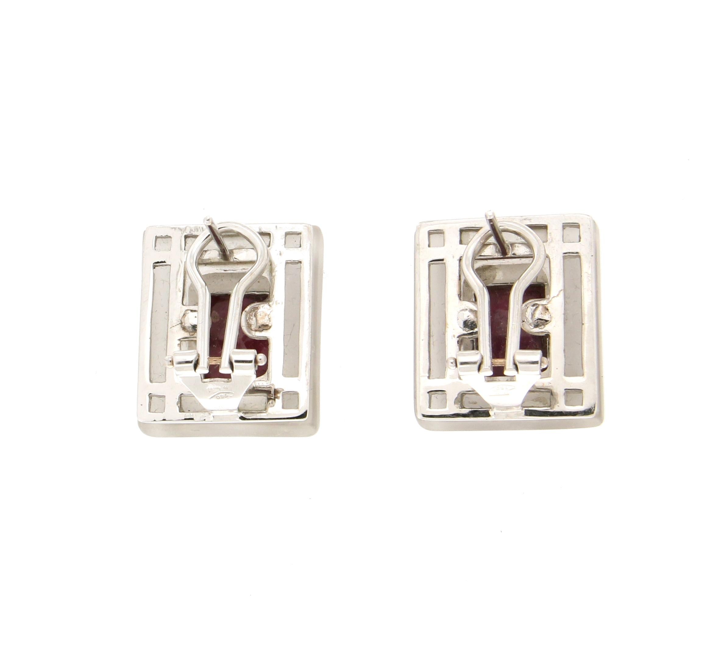 Women's or Men's Handcraft Rubies 18 Karat White Gold Diamonds Clip-On Earrings For Sale