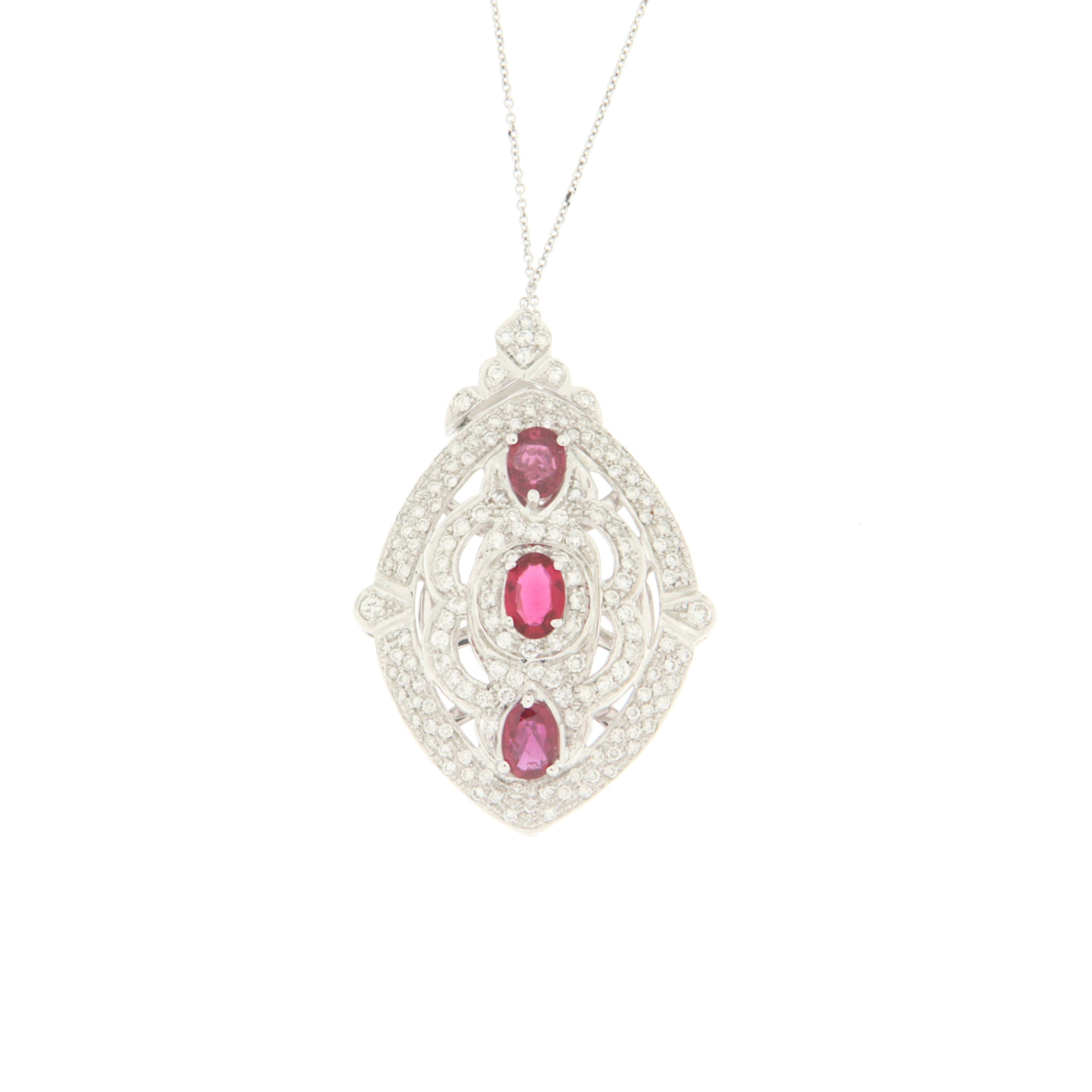 Women's Handcraft Rubies 18 Karat White Gold Diamonds Pendant Necklace For Sale