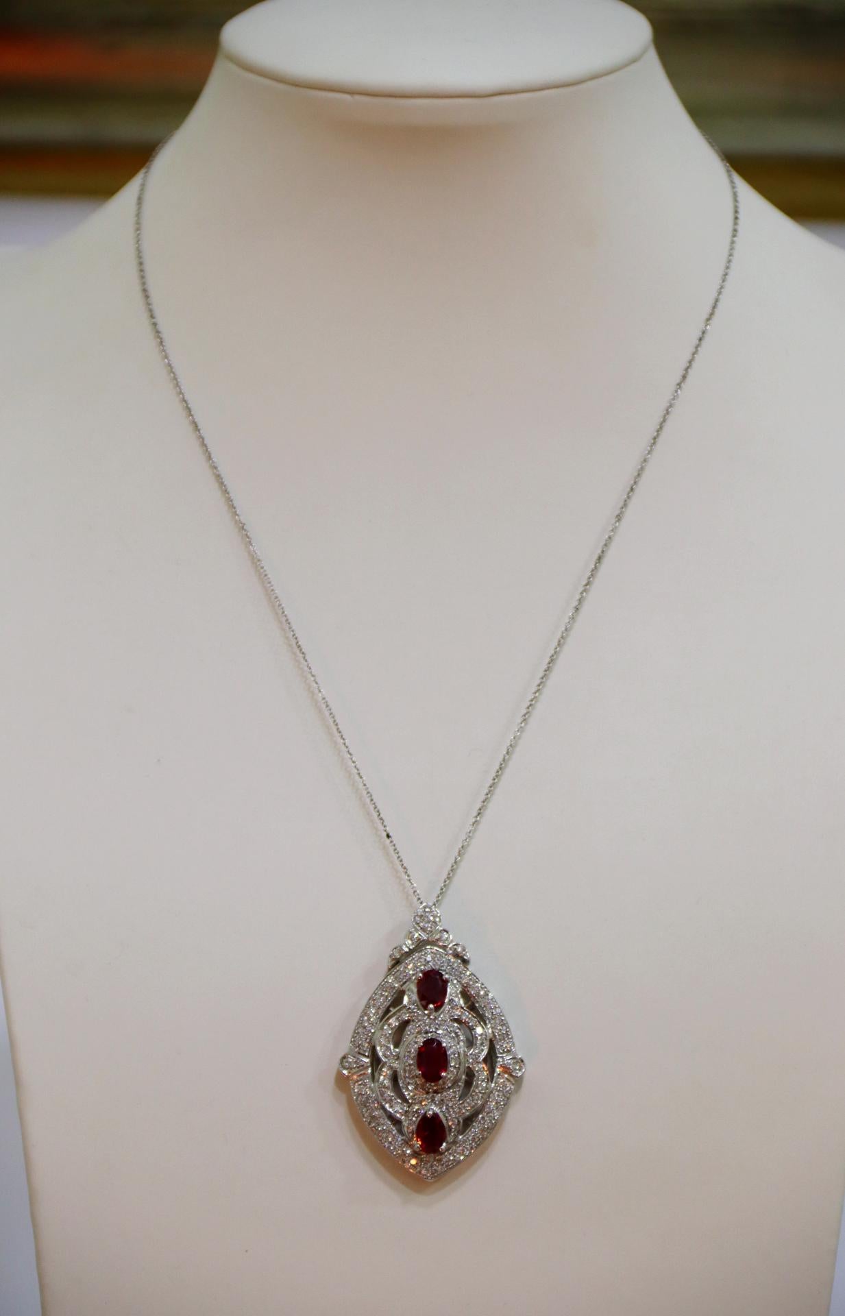 Handcraft Rubies 18 Karat White Gold Diamonds Pendant Necklace For Sale 3