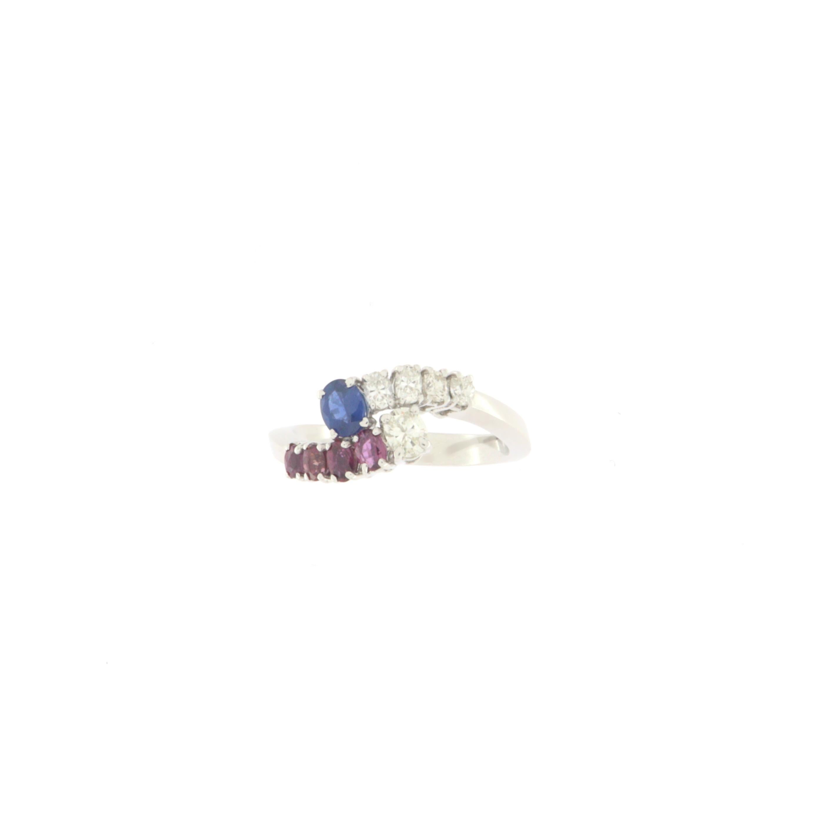 Handcraft Rubies 18 Karat White Gold Diamonds Sapphire Cocktail Ring In New Condition For Sale In Marcianise, IT