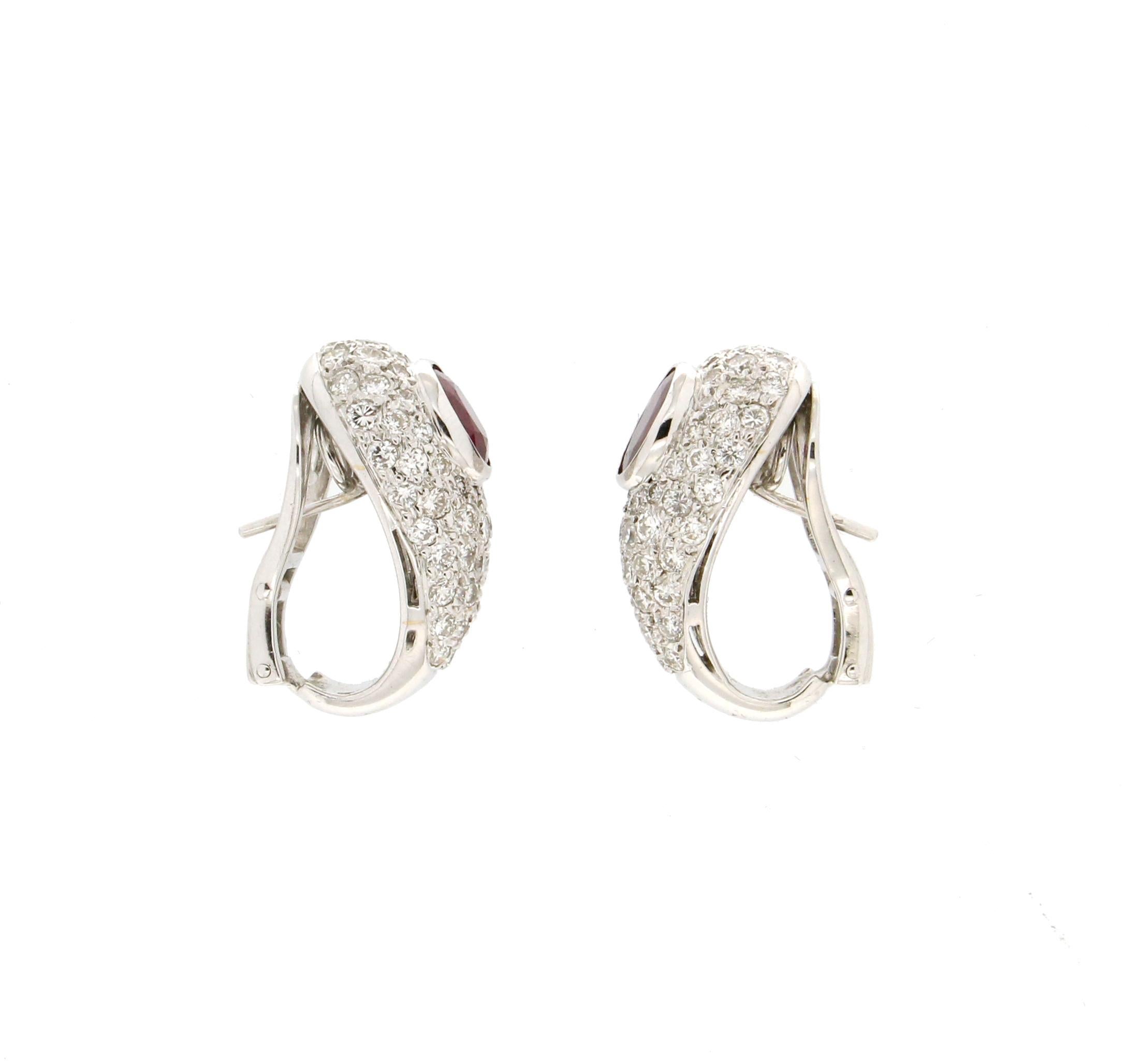 Brilliant Cut Handcraft Rubies 18 Karat White Gold Diamonds Stud Earrings For Sale