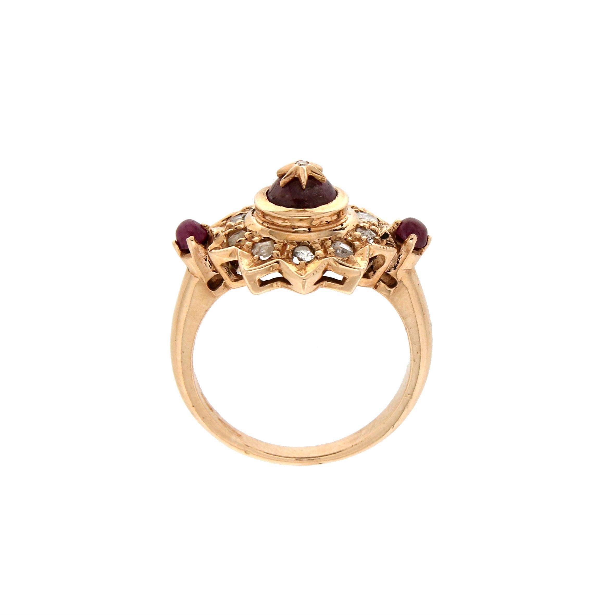 Artisan Handcraft Rubies 9 Karat Yellow Gold Rose Cut Diamonds Cocktail Ring