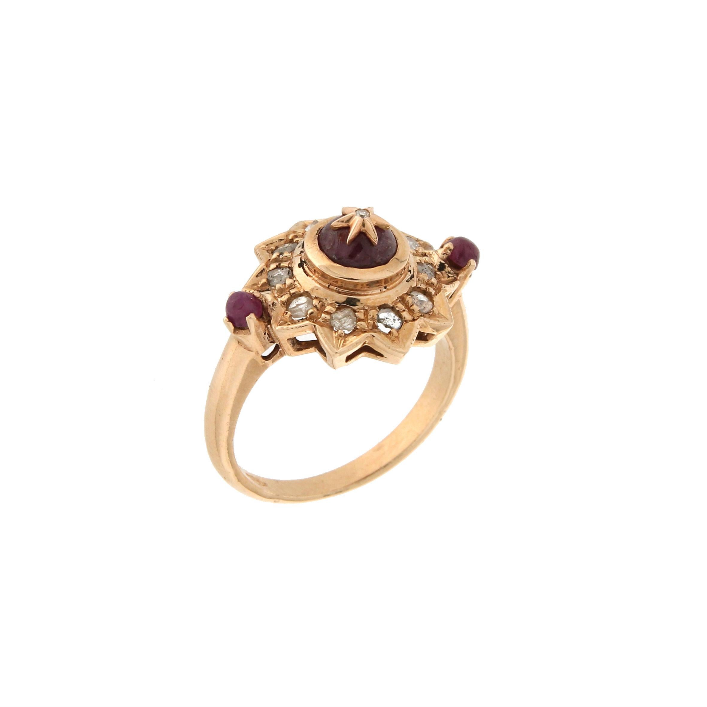 Handcraft Rubies 9 Karat Yellow Gold Rose Cut Diamonds Cocktail Ring In New Condition In Marcianise, IT