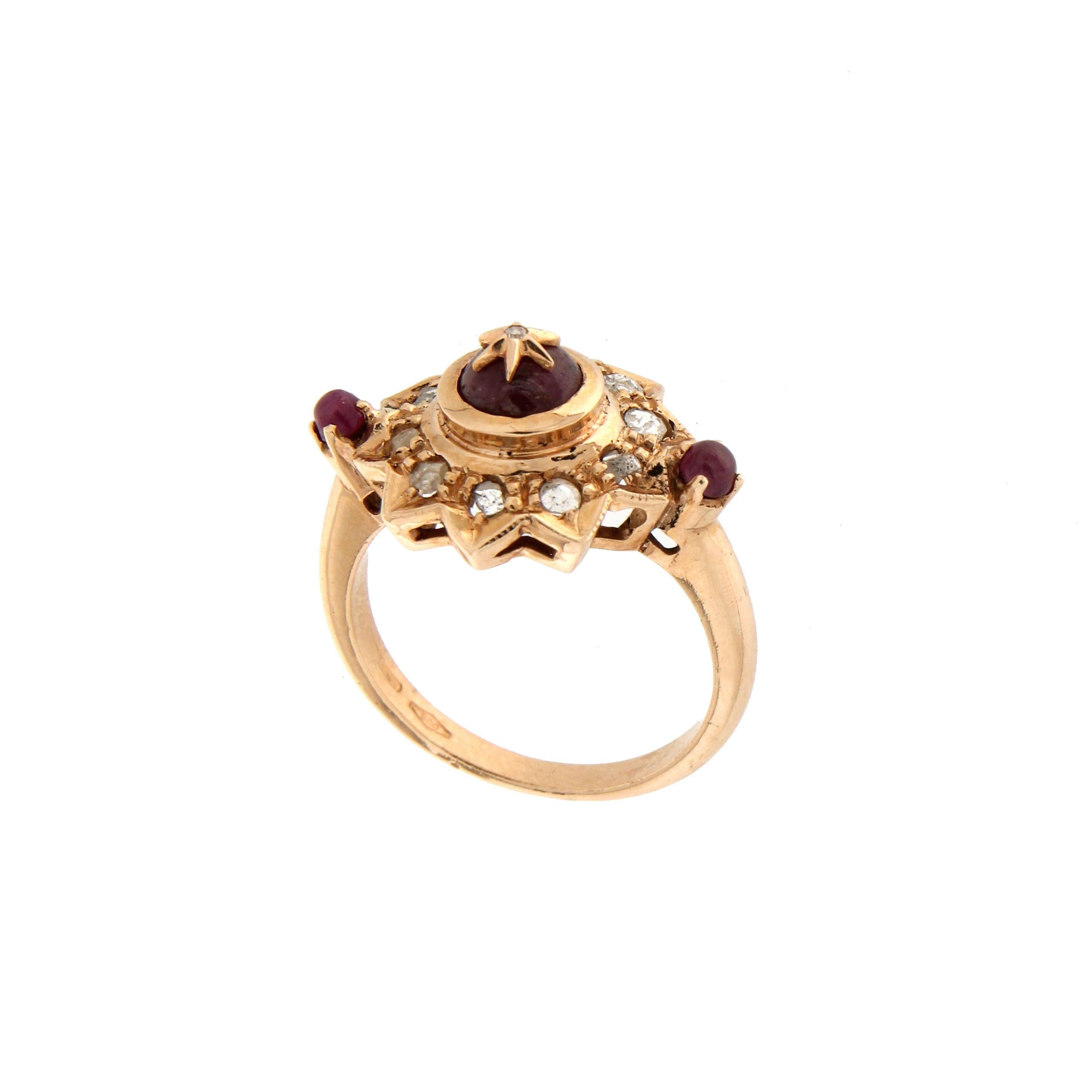 Women's or Men's Handcraft Rubies 9 Karat Yellow Gold Rose Cut Diamonds Cocktail Ring